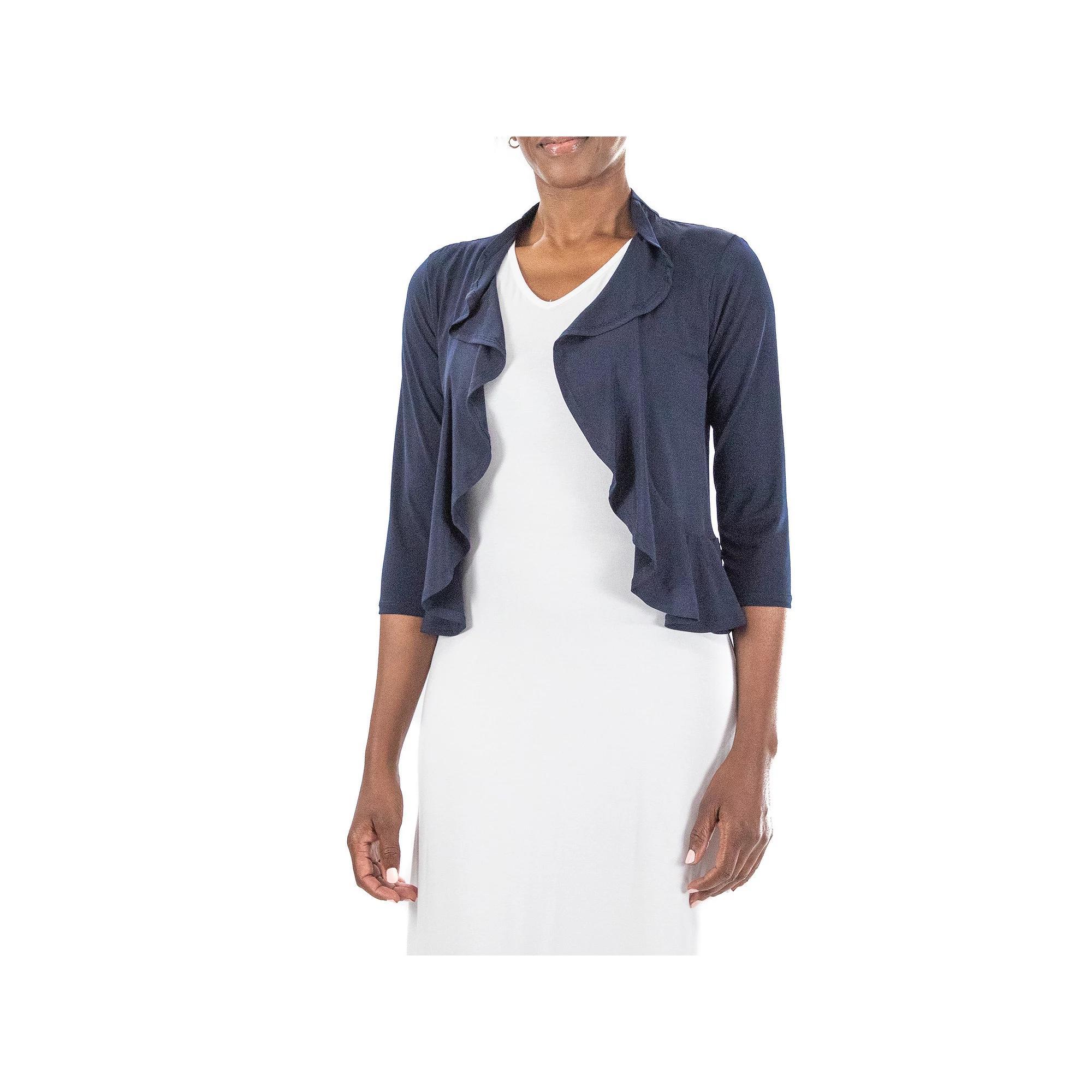 Women's Nina Leonard Ruffle Open-Front Cardigan, Size: Large, Black Product Image
