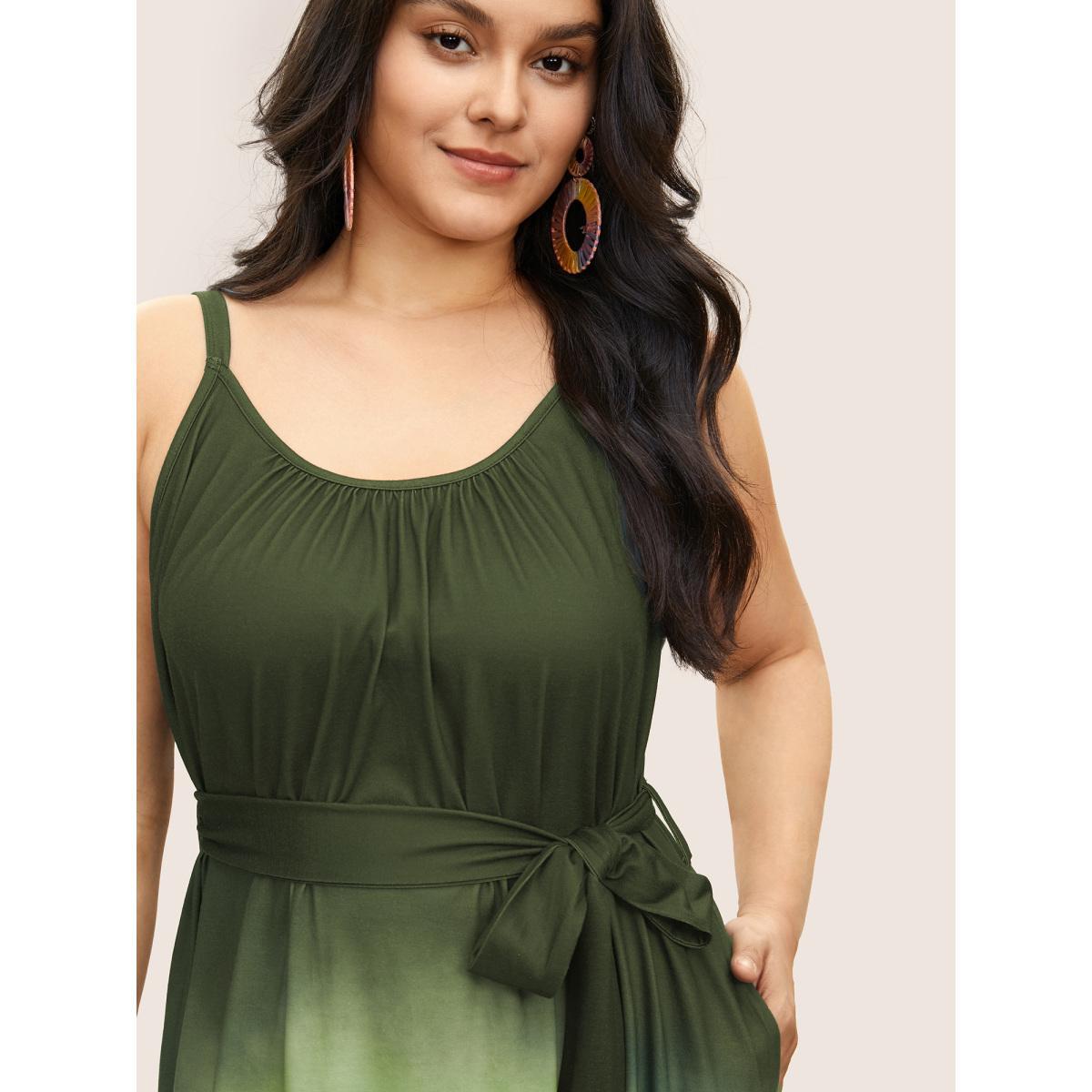 Plus Size Tie Dye Belted Gathered Asymmetrical Hem Dress Indigo Women Resort Non V-neck Sleeveless Curvy Midi Dress BloomChic 12/L Product Image