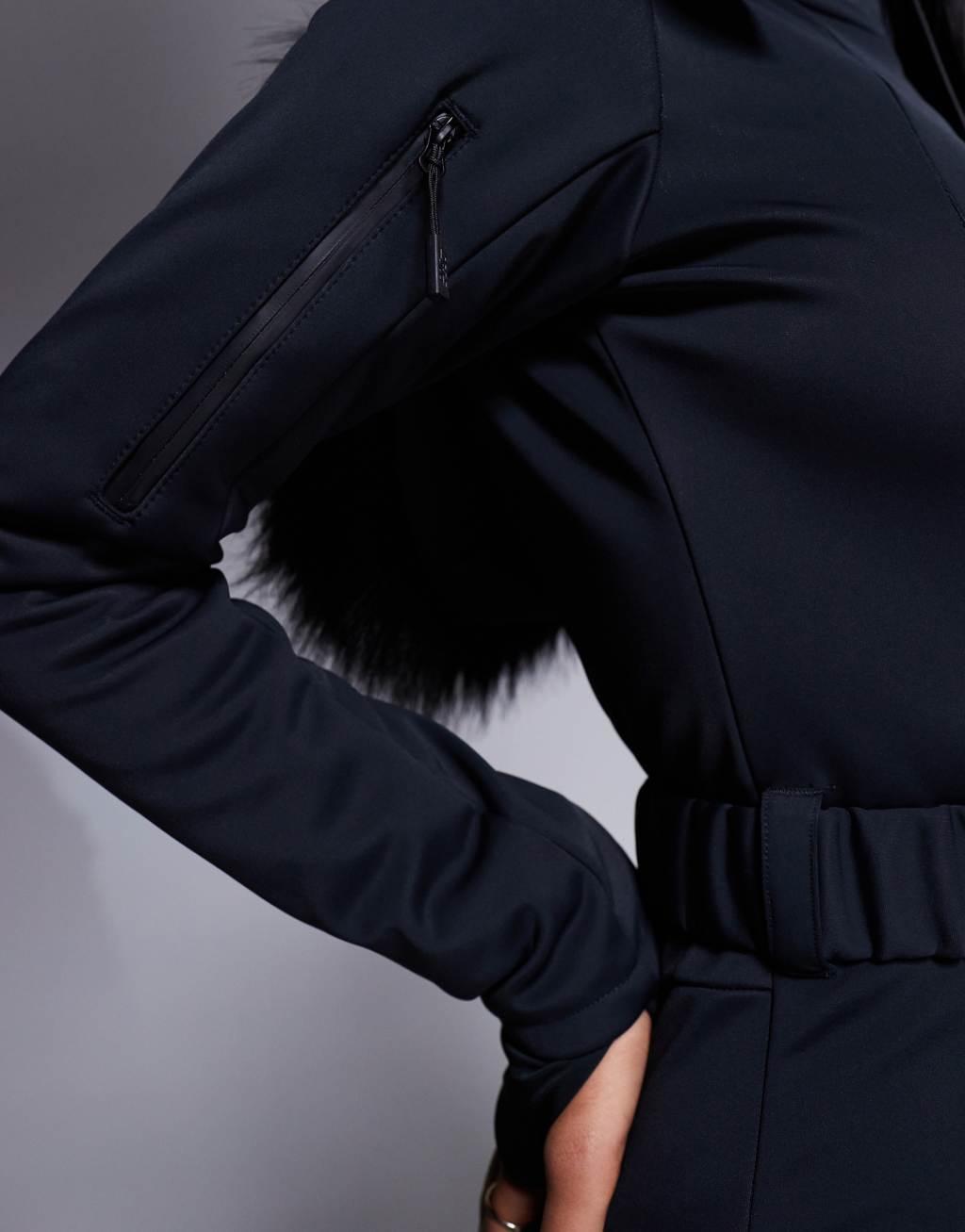 4505 Ski belted ski suit with slim kick legs and faux fur hood in black  Product Image