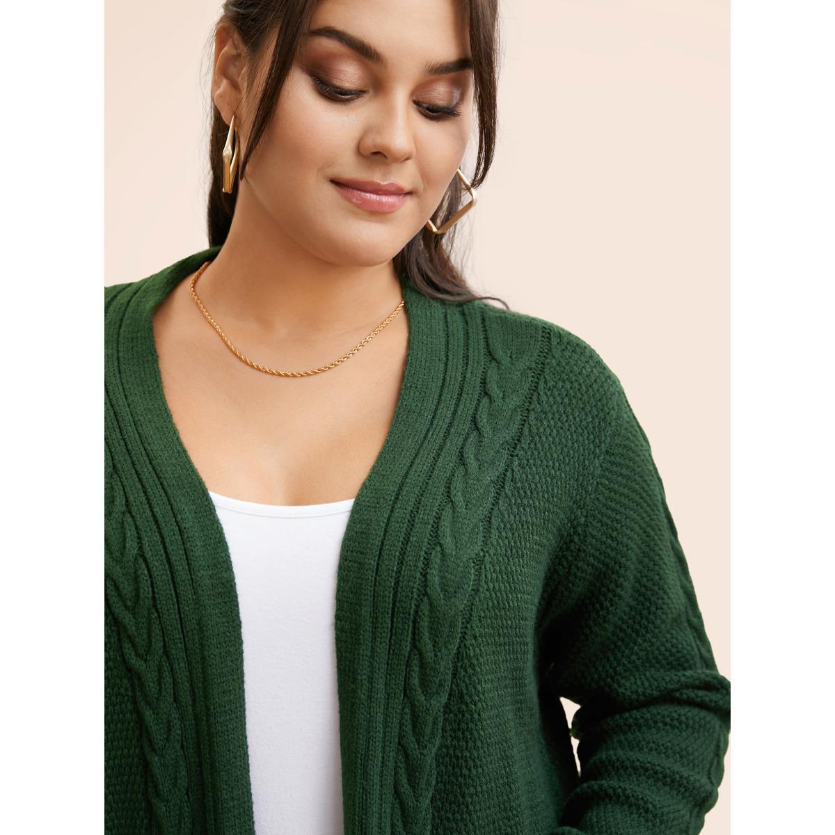 Plus Size Texture Cable Knit Patch Pocket Cardigan DarkGreen Women Casual Loose Long Sleeve Everyday Cardigans BloomChic 14-16/1X Product Image