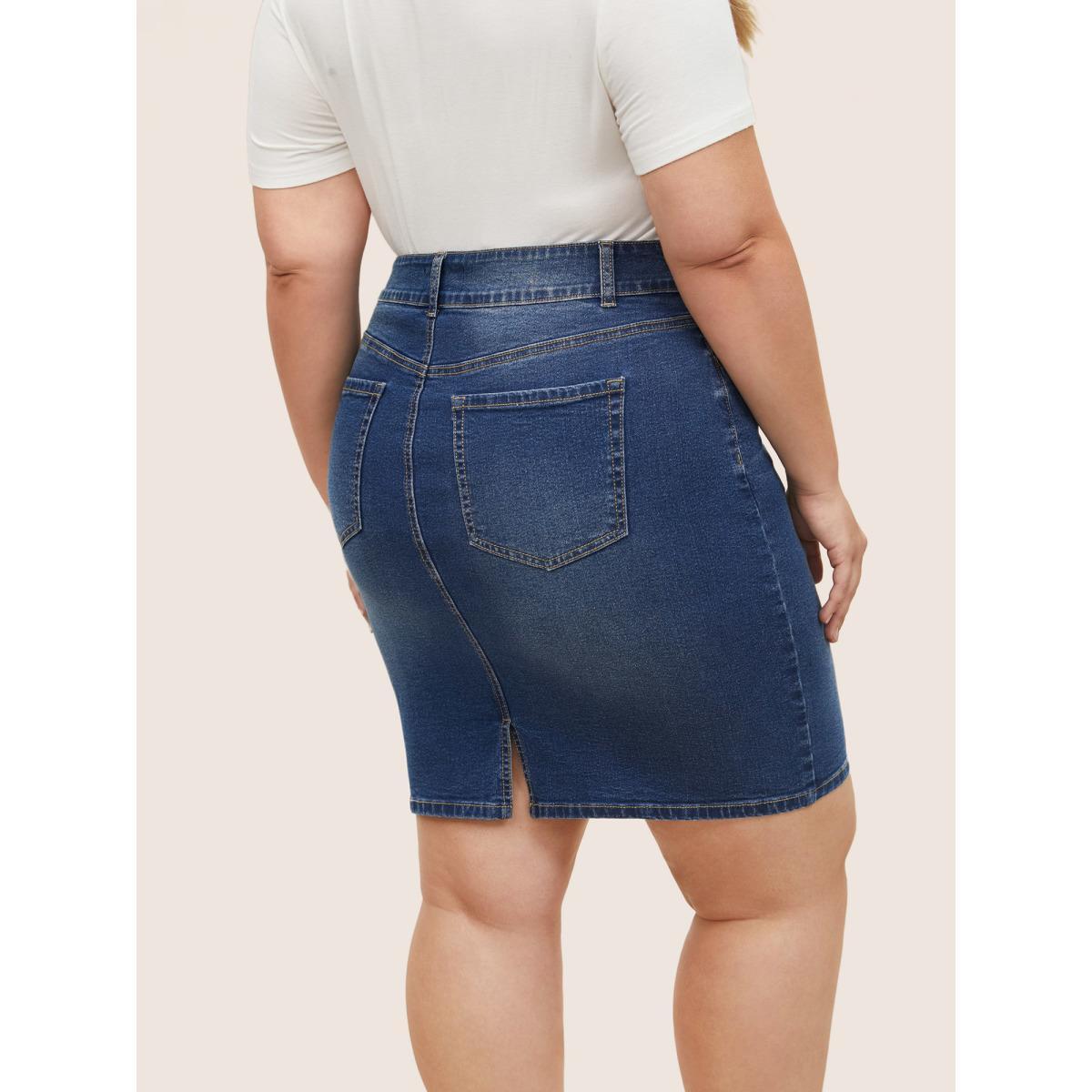 Plus Size Dark Wash Split Back Bodycon Denim Skirt Women Blue Everyday Non Plain High stretch Dark Wash 26/4X Slanted pocket Elegant Denim Skirts BloomChic Product Image