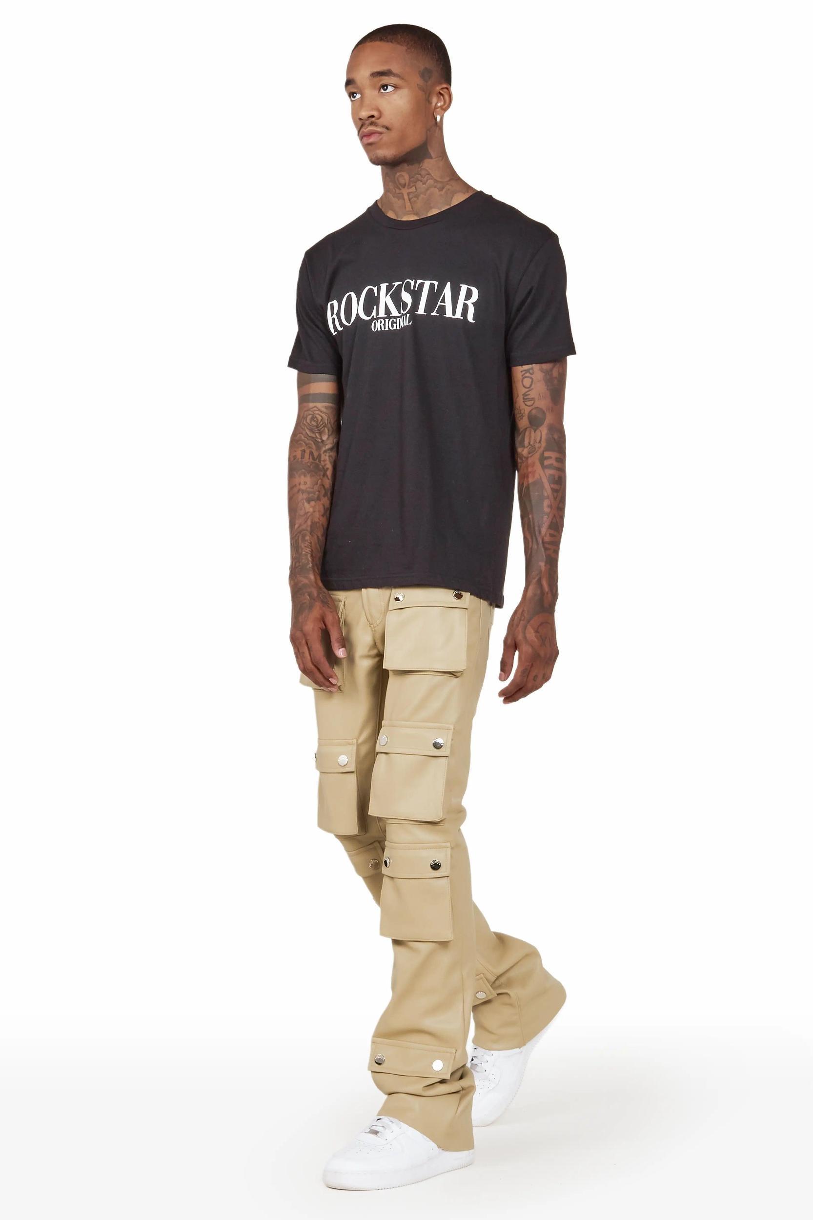 Remi Beige Faux Leather Stacked Flare Jean Male Product Image