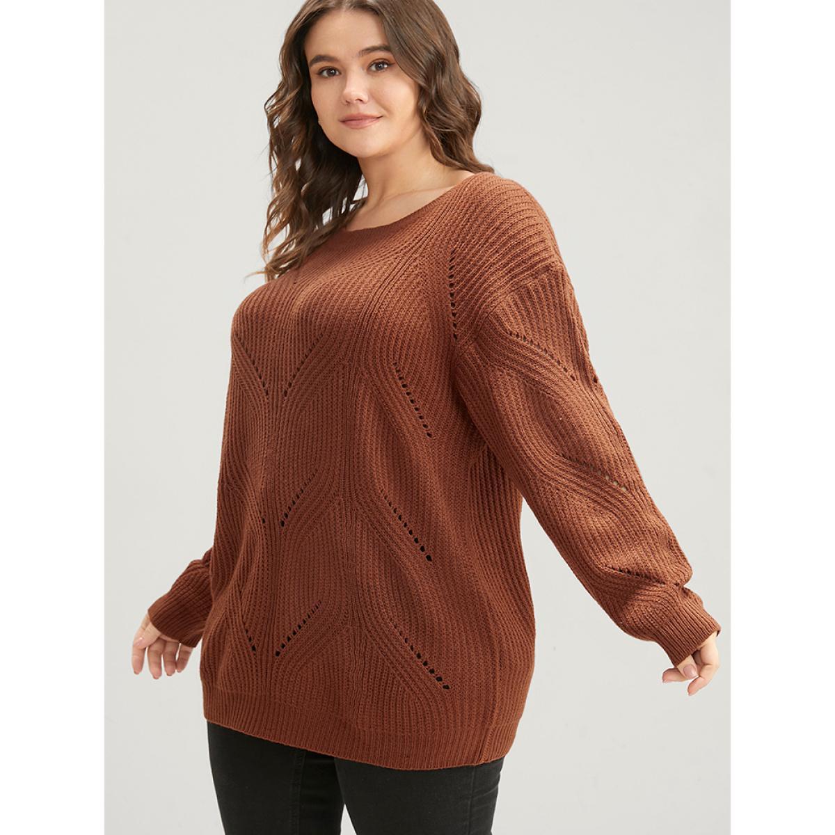 Plus Size Solid Pointelle Knit Cut Out Round Neck Knit Top Maroon Women Casual Loose Long Sleeve Dailywear Pullovers BloomChic 10/M Product Image