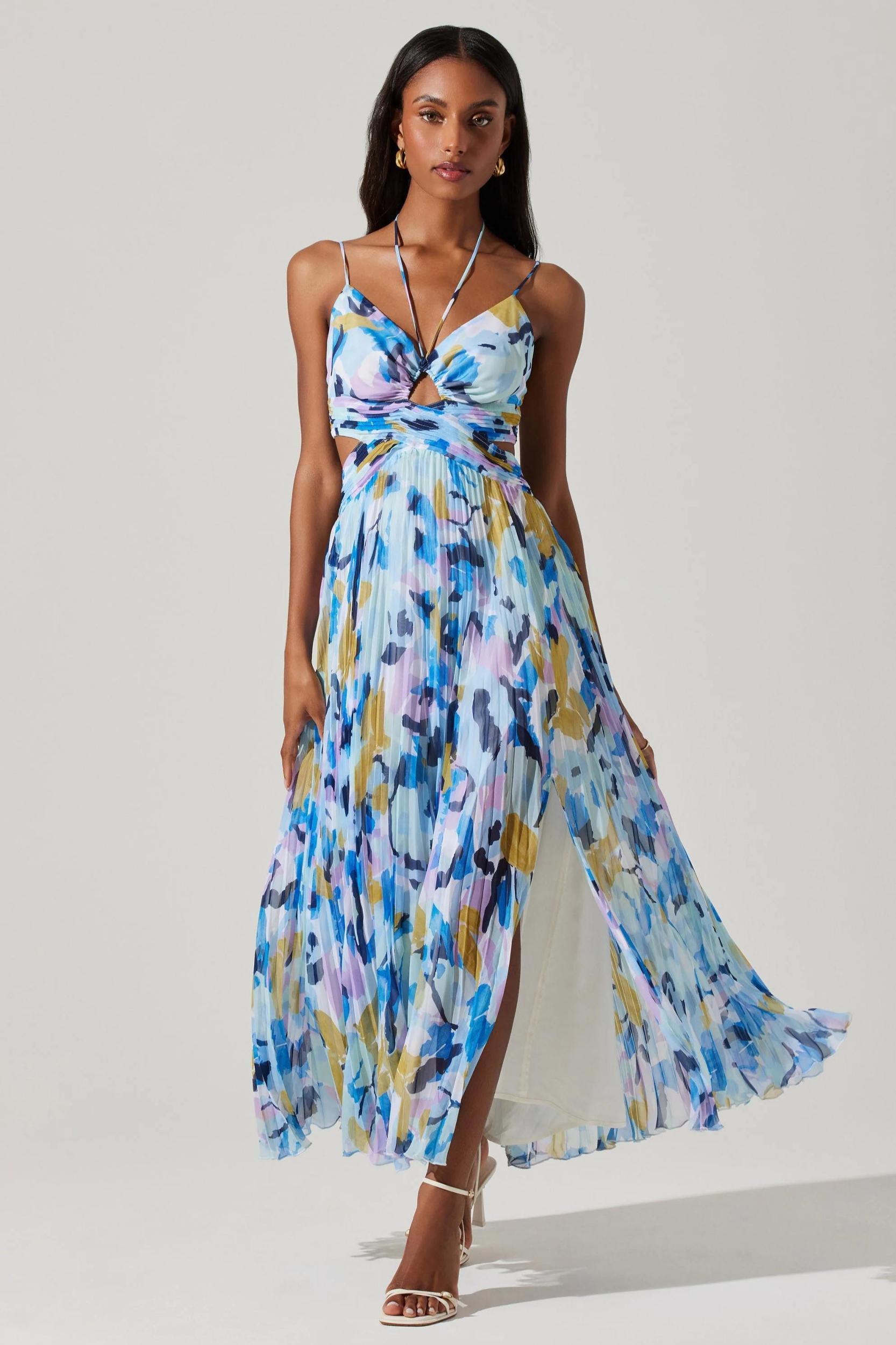 Aquata Floral Pleated Maxi Dress - Aqua Blue Multi Product Image