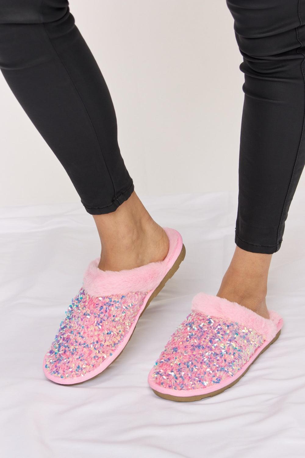 Pink Sequin Plush Slippers Product Image