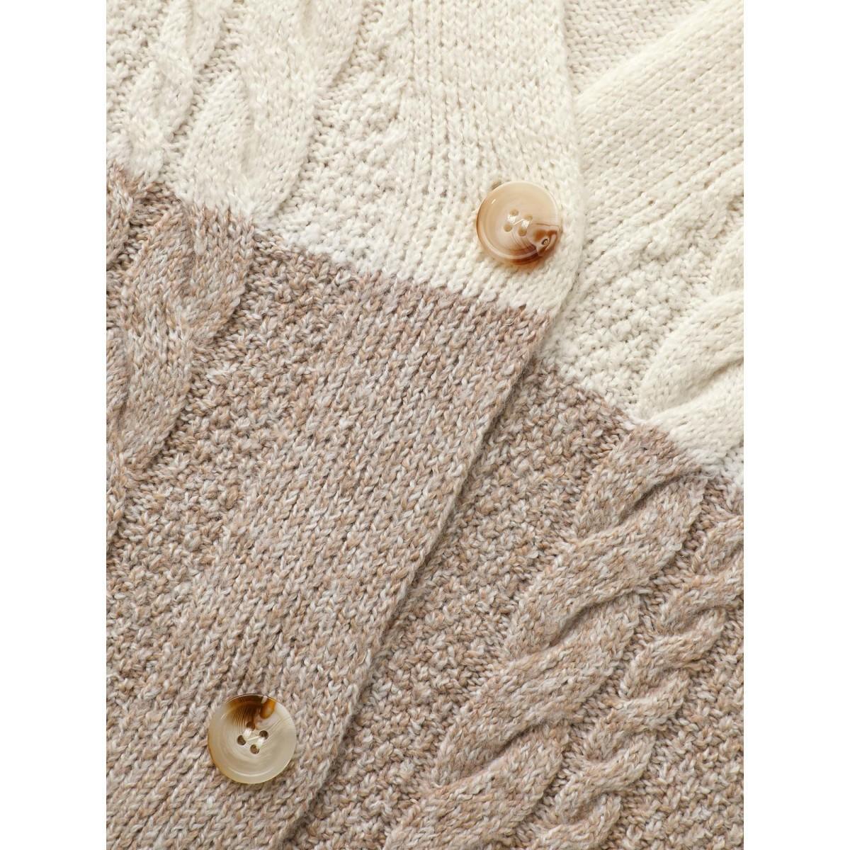 Plus Size Colorblock Contrast Cable Knit Cardigan Browncoffeecolor Women Casual Loose Long Sleeve Everyday Cardigans BloomChic 26/4X Product Image