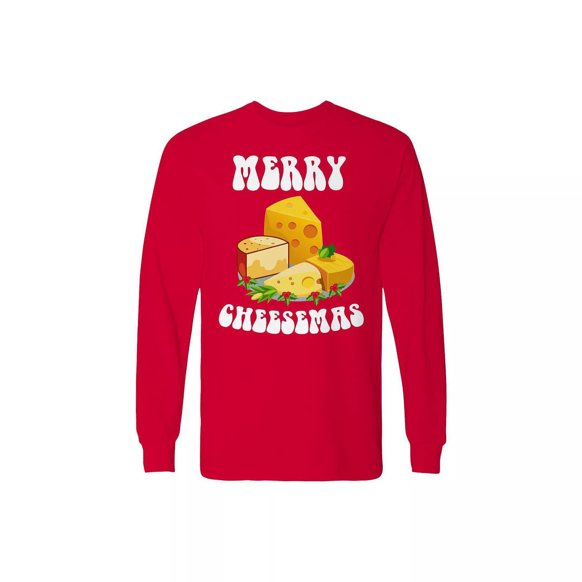 Men's Christmas Merry Cheesemas Long Sleeve Graphic Tee, Size: Large, Red Product Image