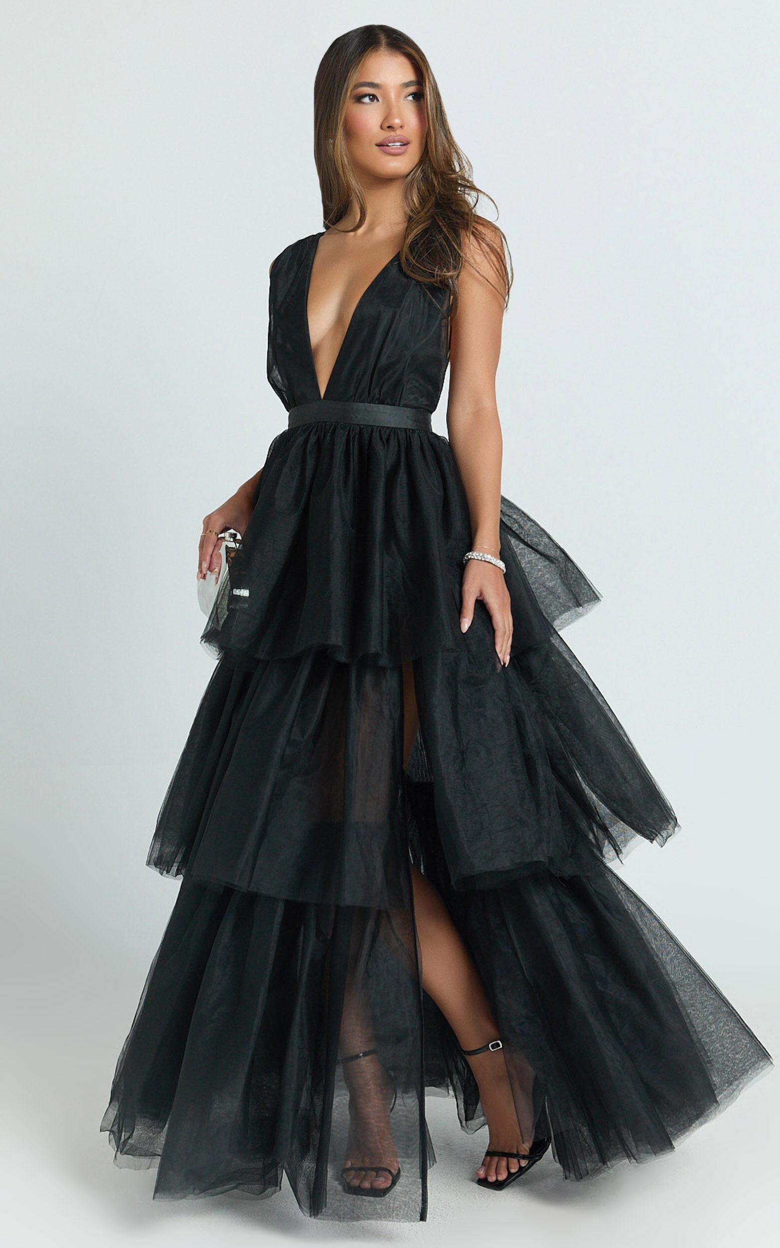 Jemma Maxi Dress - Tiered Tulle Plunge Cross Back Dress in Black Product Image