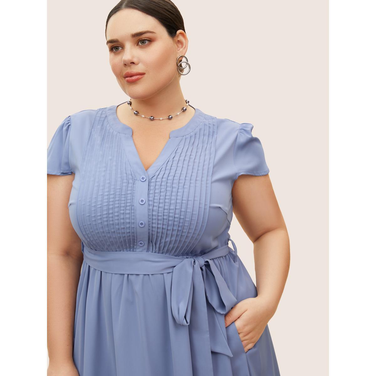 Plus Size Plain Pleated Button Detail Cap Sleeve Dress Stone Women At the Office Tucked seam Flat collar with V-notch Cap Sleeve Curvy BloomChic 10/M Product Image