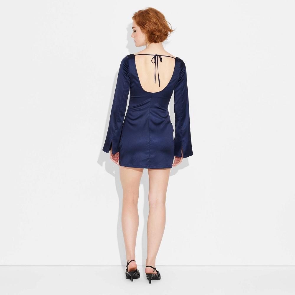 Womens Bell Long Sleeve Satin Mini Bodycon Holiday Dress - Wild Fable Dark Blue Product Image