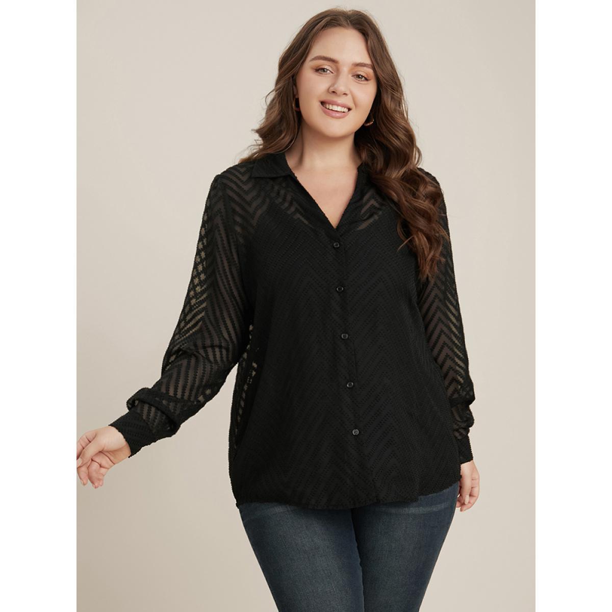 Plus Size Black Geometric Mesh Button Up Textured Blouse With Cami Top Women Office Long Sleeve Shirt collar Work Blouses BloomChic 12/L Product Image