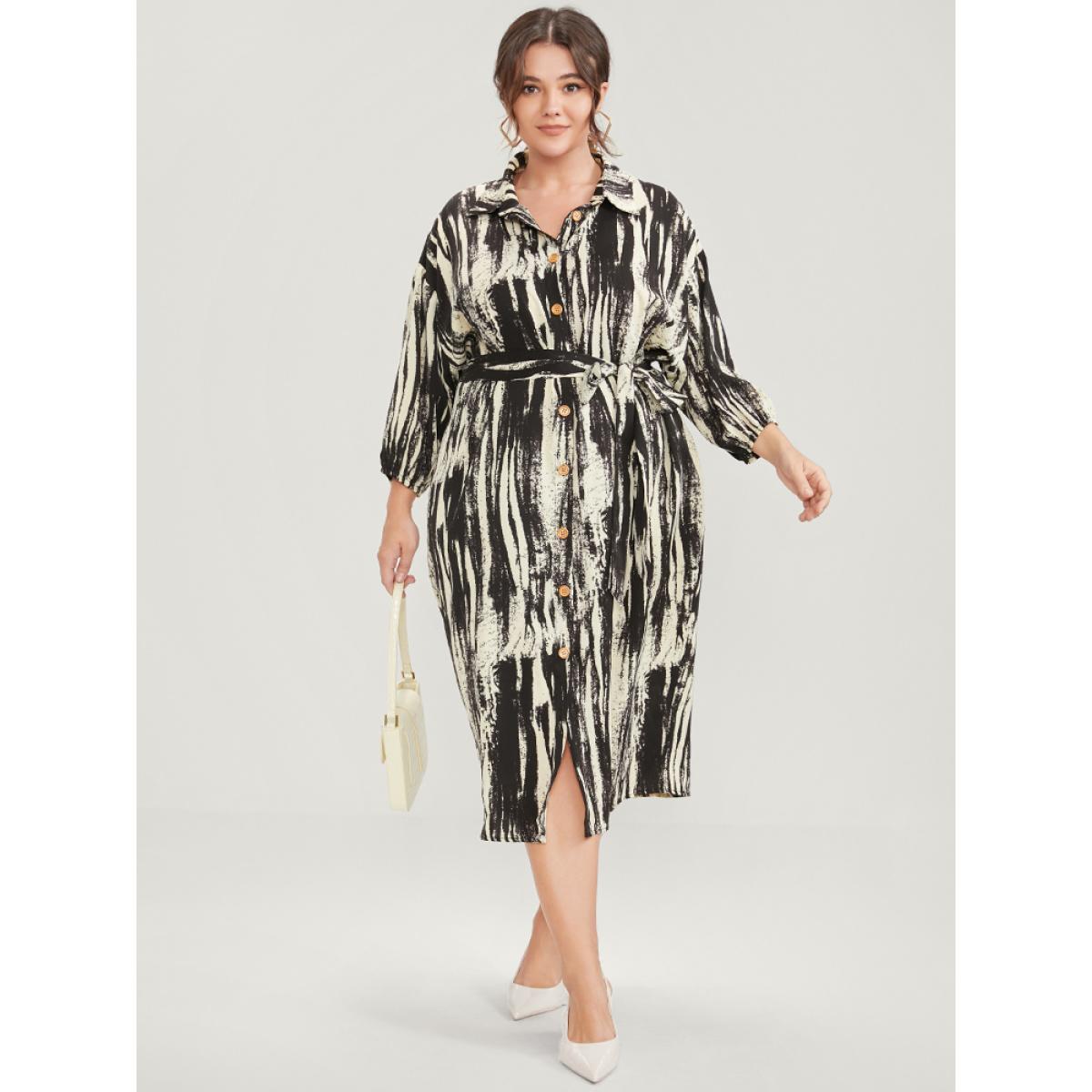 Plus Size Shirt Collar Pocket Belted Button Up Dress Black Women Office Belted Shirt collar Long Sleeve Curvy Midi Dress BloomChic 30/6X Product Image