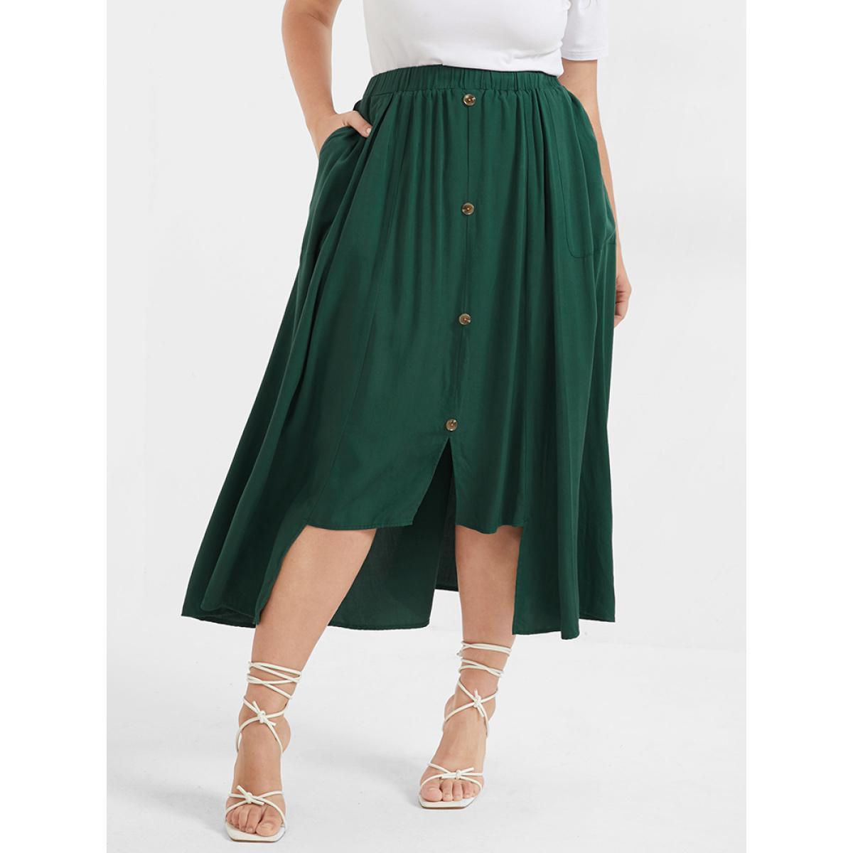 Plus Size Solid Button Ruffled Asymmetrical Hem Pocket Skirt Women ArmyGreen Casual Button No stretch Pocket Dailywear Skirts BloomChic 28/5X Product Image