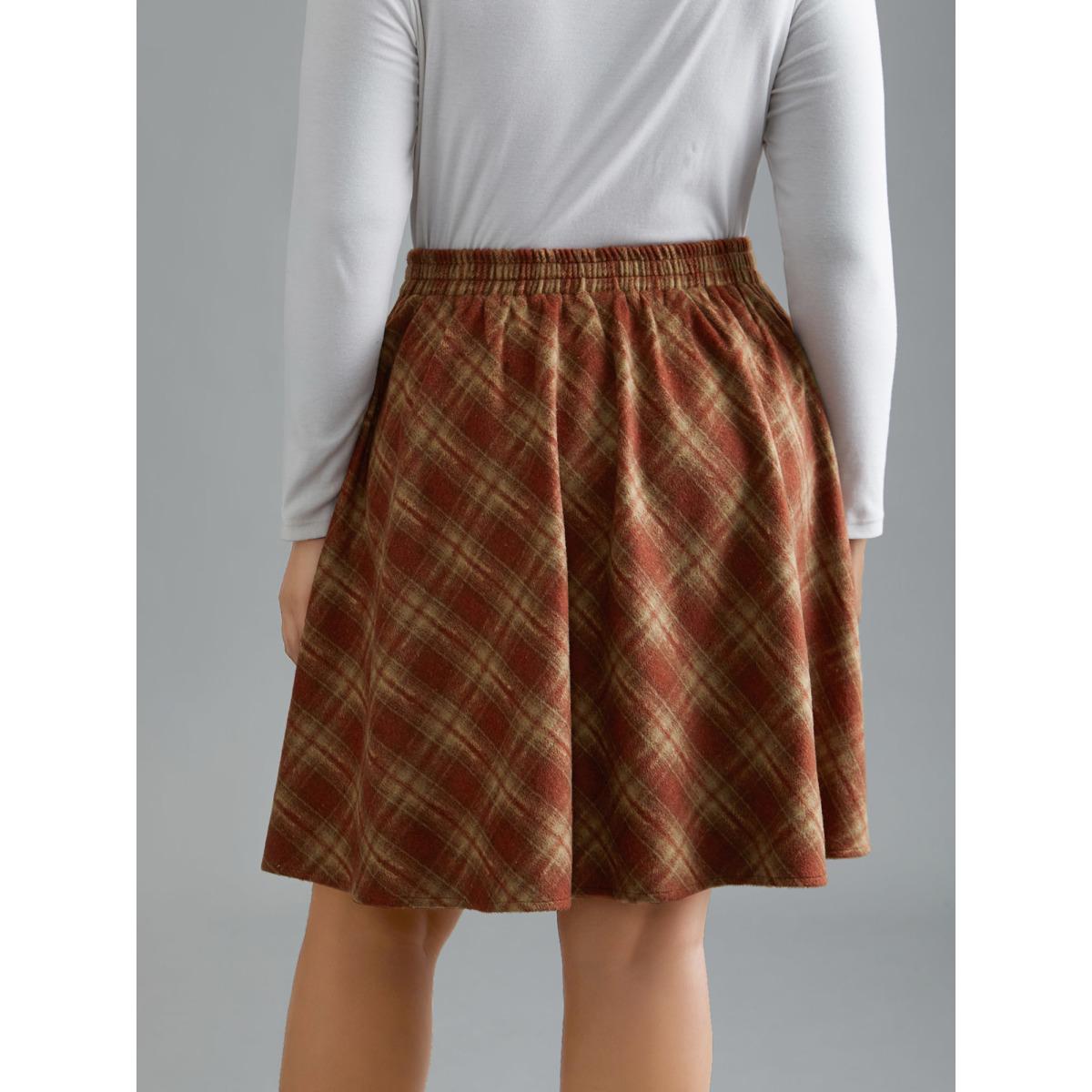 Plus Size Plaid Pattern Elastic Waist A-line Mini Skirt Women OrangeRed Elegant Low stretch Slanted pocket Everyday Skirts BloomChic 10/M Product Image