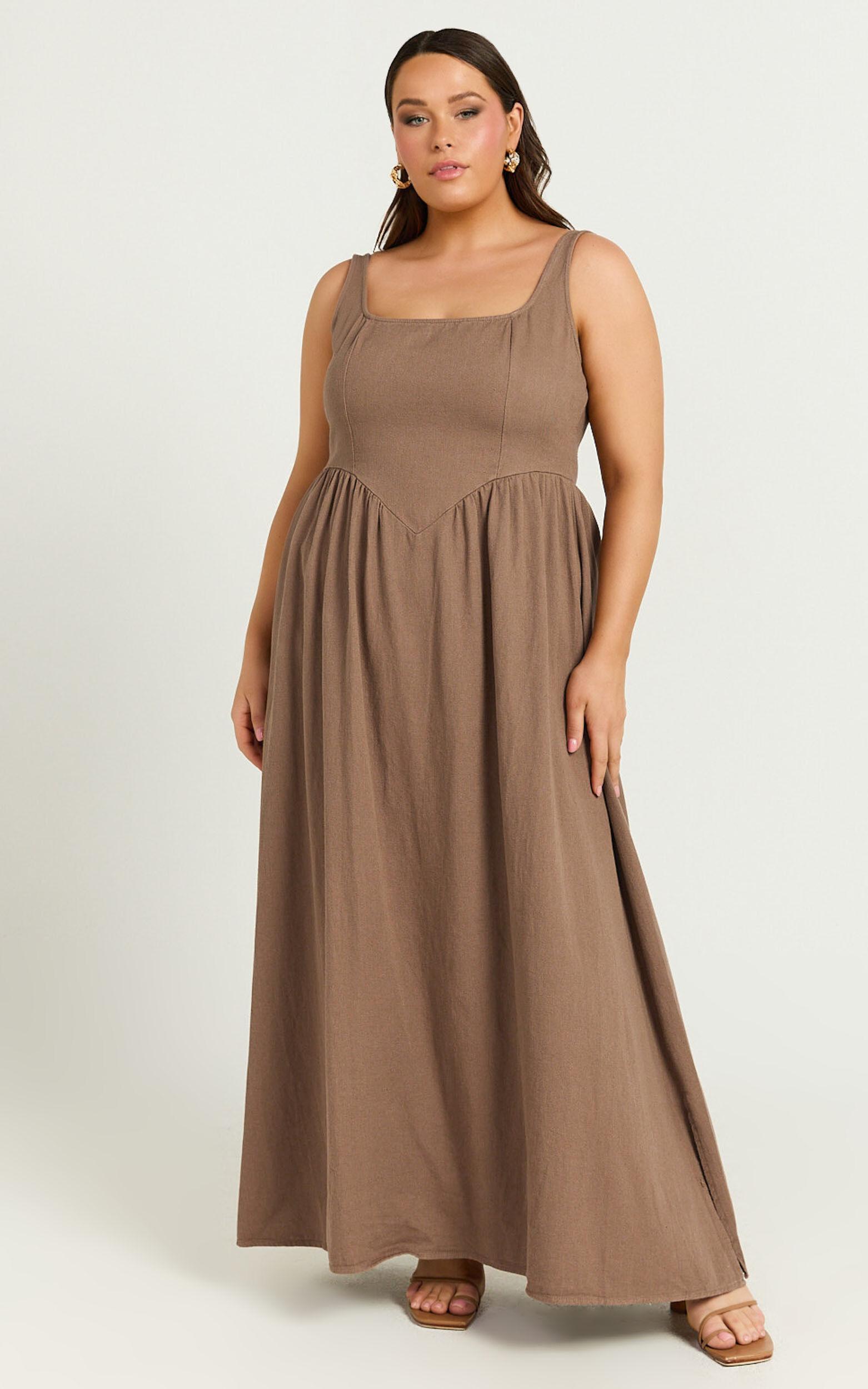 Rhaziya Midi Dress - Sleeveless Straight Neck Fit and Flare Dress in Tobacco Product Image