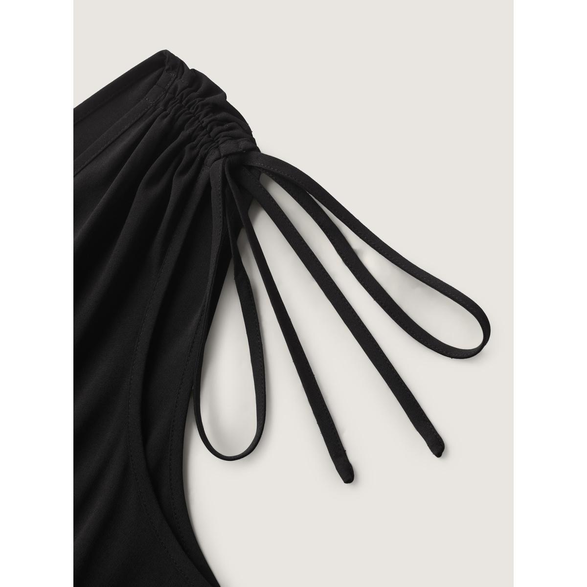 Plus Size Shoulder Drawstring Slit Solid Midi Dress Black Women V-neck Sleeveless Curvy BloomChic 18-20/2X Product Image