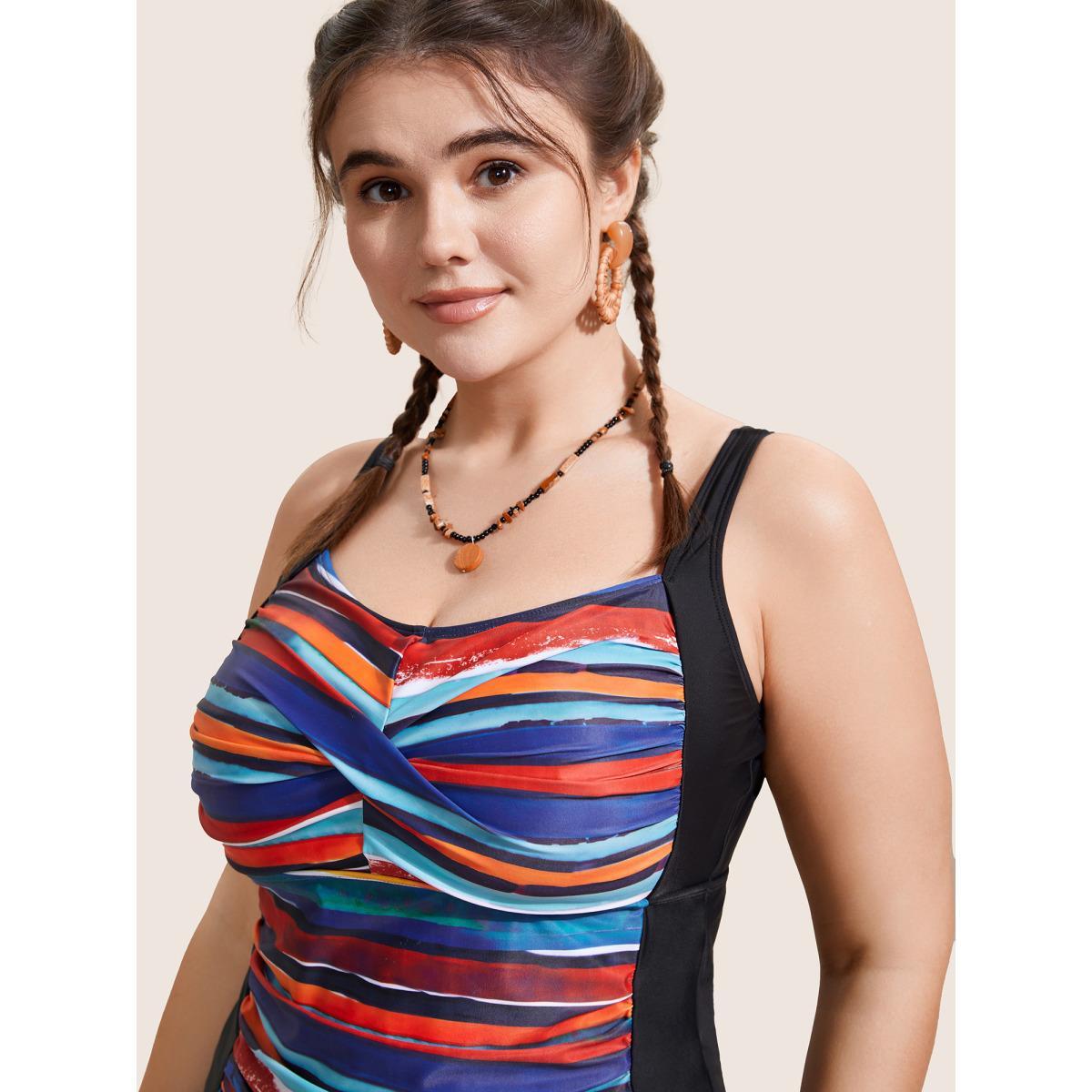 Plus Size Colored Striped Gathered Twist Front Swim Top Women's Swimwear Multicolor Beach Twist High stretch Skinny Heart neckline Curve Swim Tops BloomChic 10/M Product Image