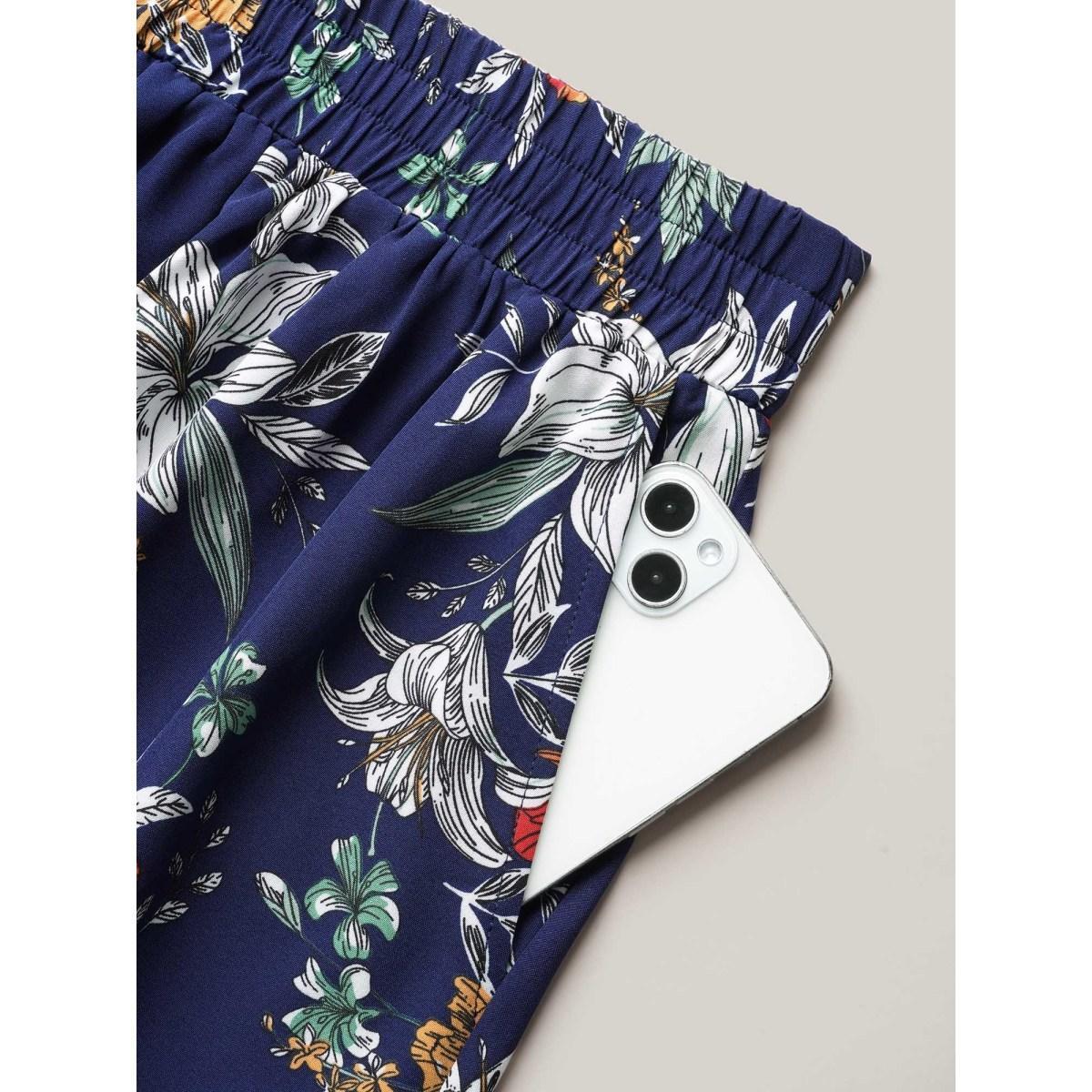 Plus Size Floral Print Drawstring Pleated Midi Skirt Women DarkBlue Elegant Bodycon Low stretch Slanted pocket Everyday Skirts BloomChic 14-16/1X Product Image