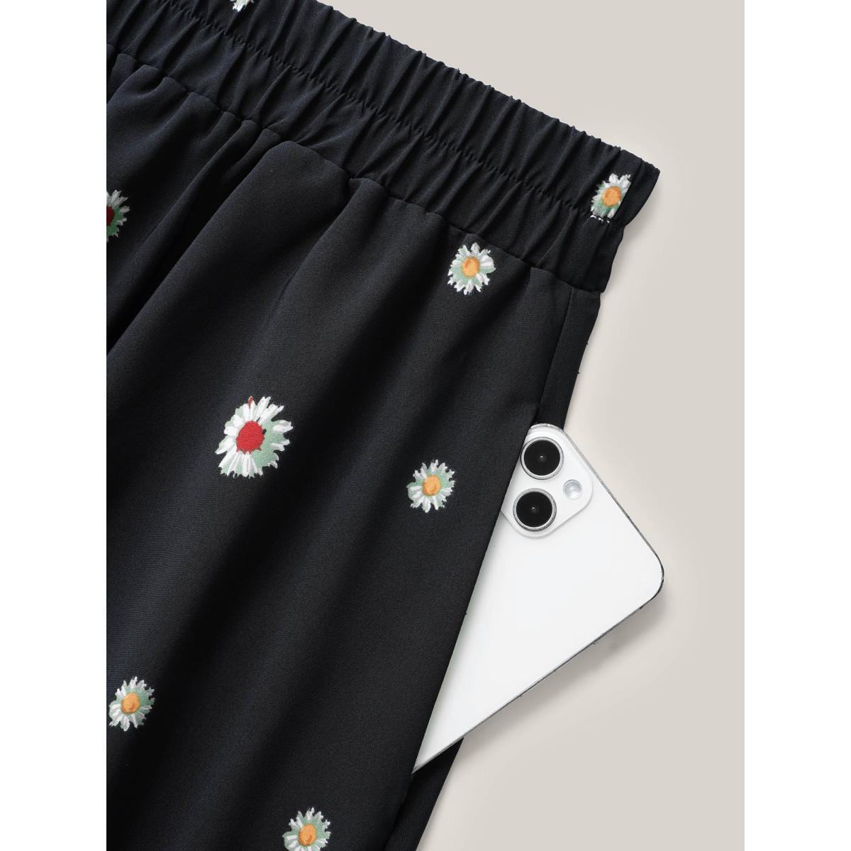 Plus Size Floral Print Pleated Midi Skirt Women BlackFlower Elegant Contrast Bodycon Low stretch Slanted pocket Party Skirts BloomChic 14-16/1X Product Image