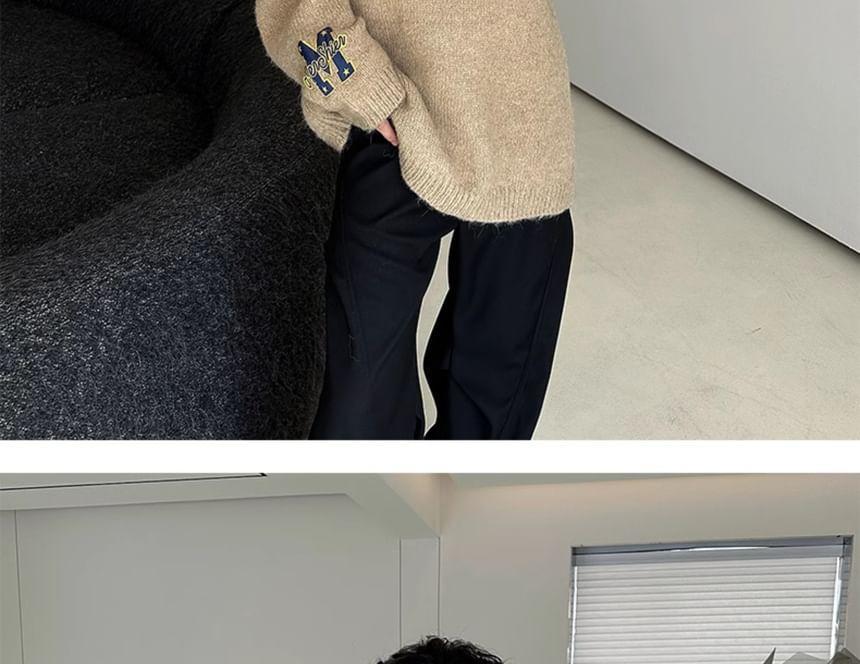 Notch Neck Letter Embroidered Oversized Sweater Product Image