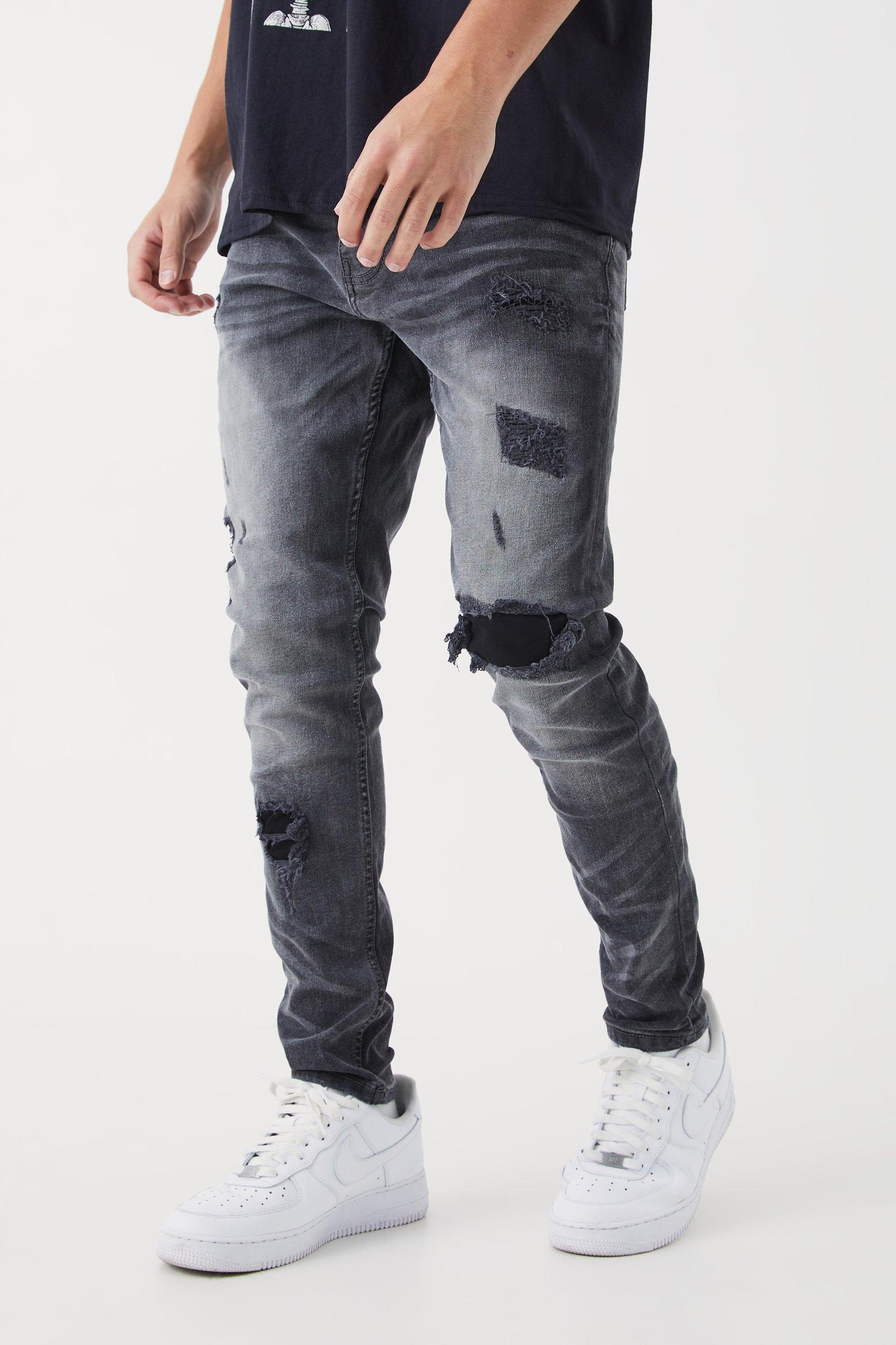 Mens Skinny Stretch Rip & Repair Self Fabric Jeans - Grey Product Image