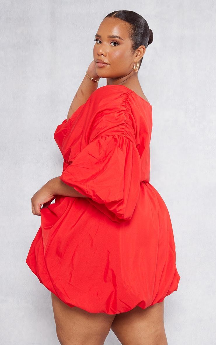Plus Red Puff Sleeve Puffball Hem Dress Product Image