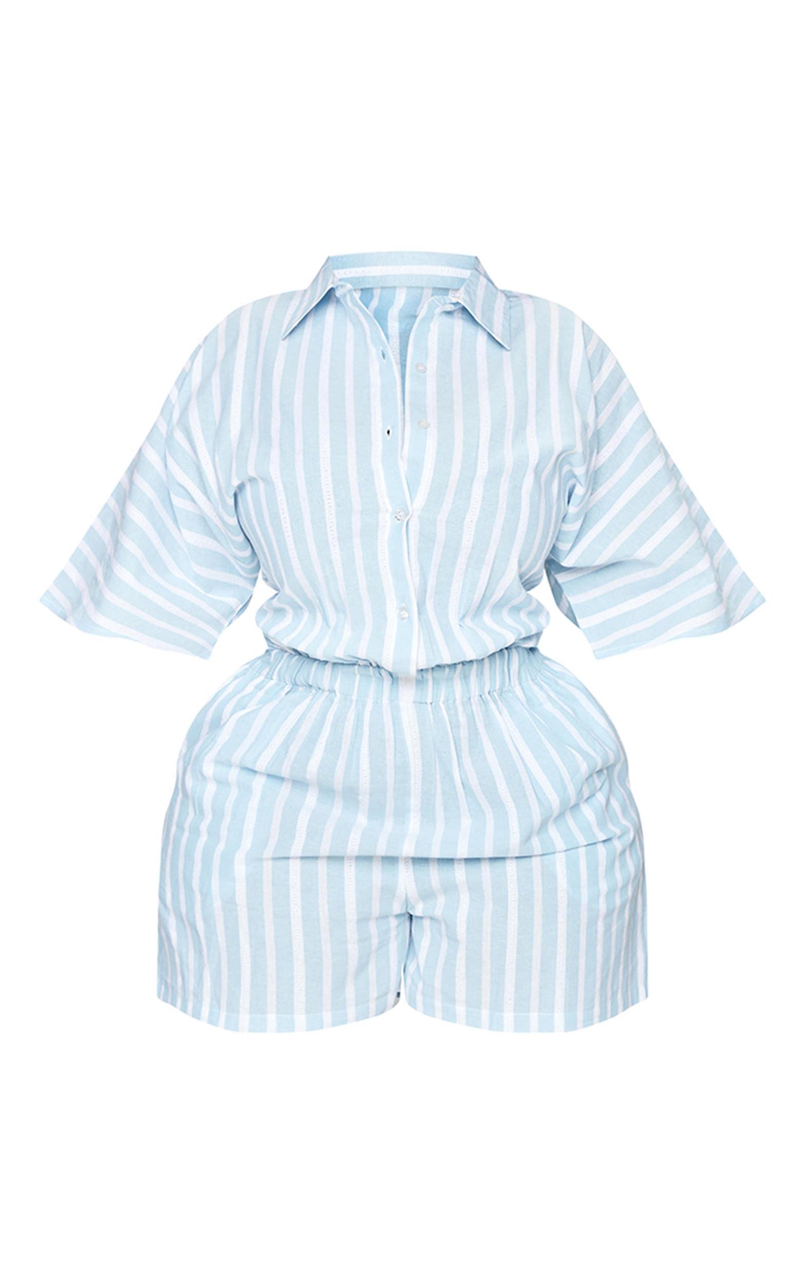 Plus Blue Linen Look Pinstripe Button Up Shirt Detail Romper Product Image