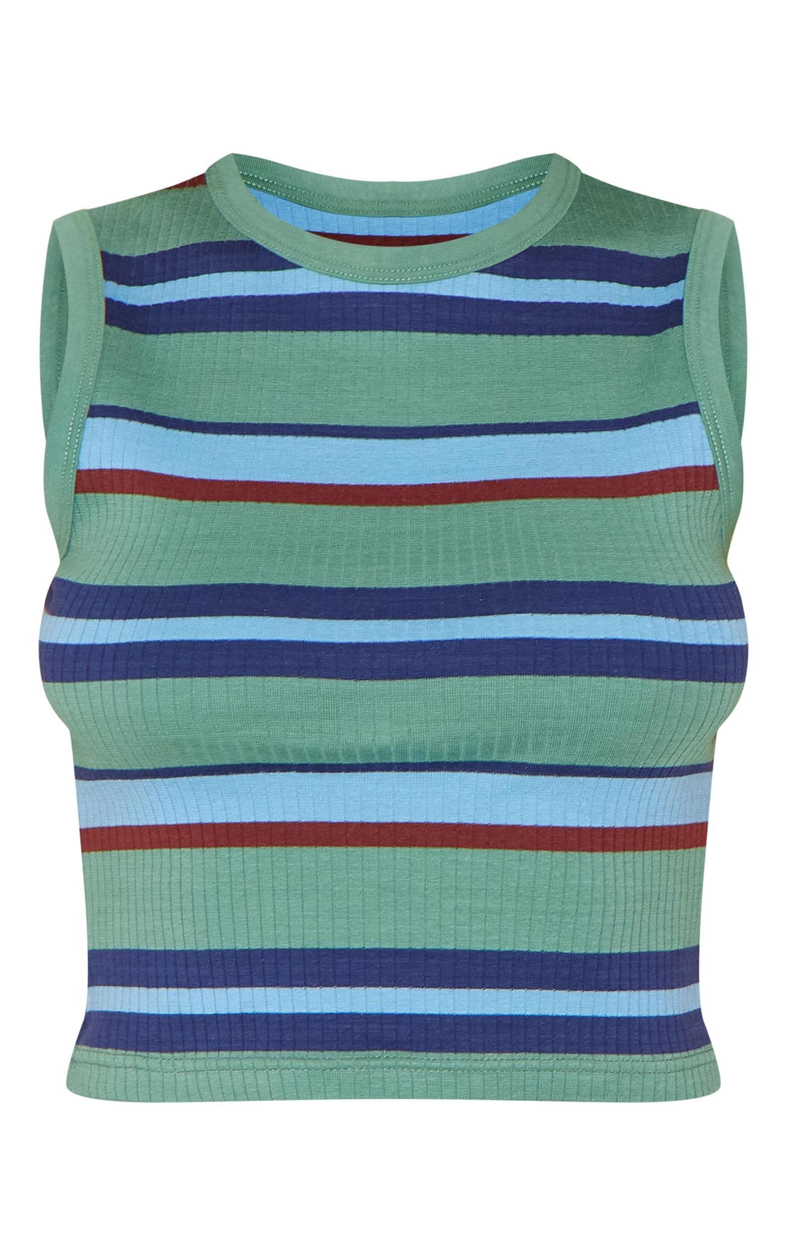 Green Striped Rib Long Vest Top Product Image