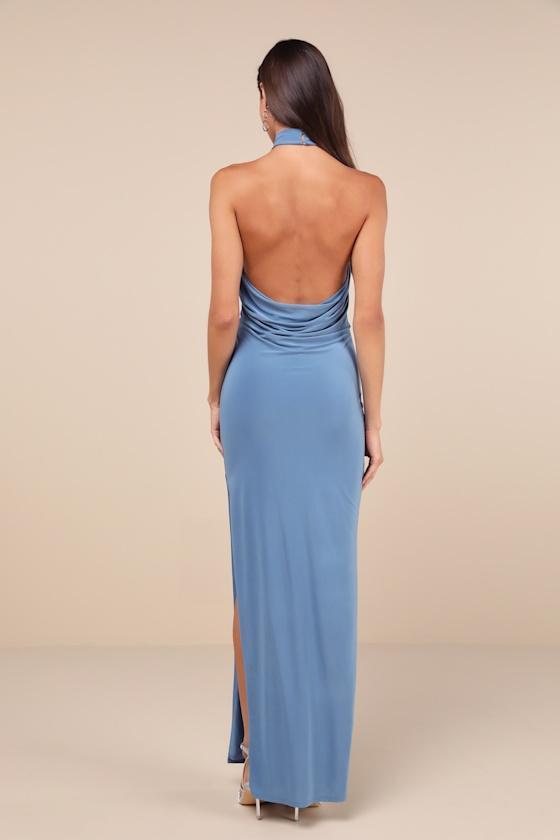 Flawless Expression Blue Mock Neck Halter Maxi Dress Product Image
