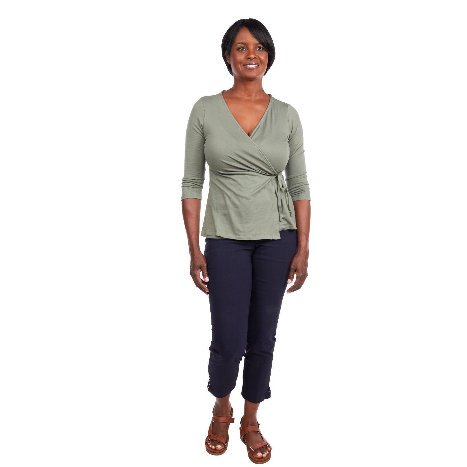 Inner Beauty Solid 3/4 Sleeve Surplice Front V-Neck Top Product Image