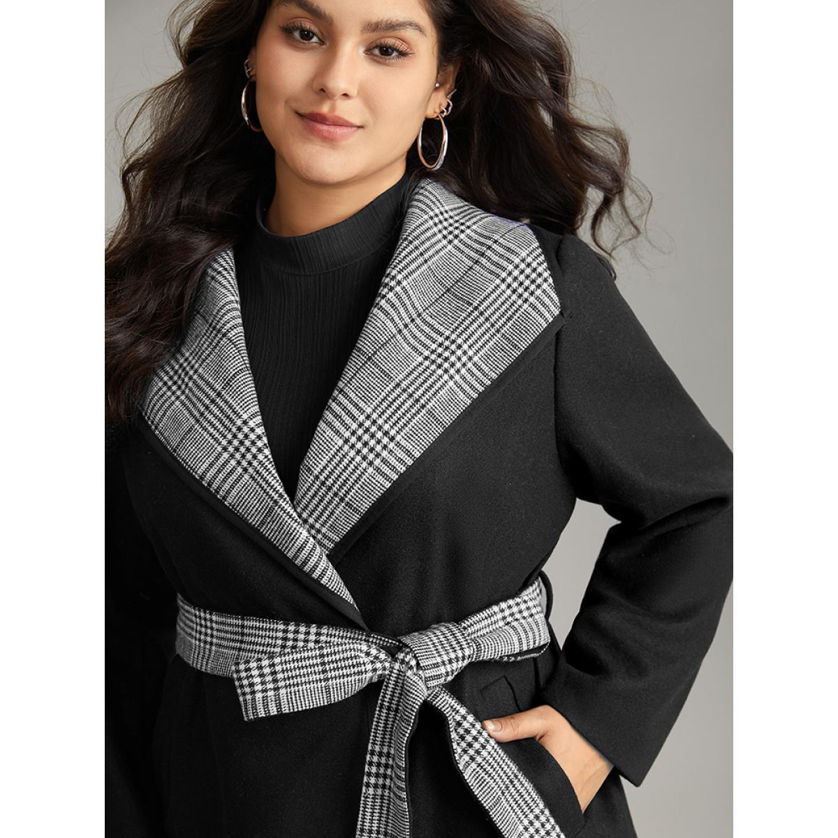 Plus Size Lapel Collar Patchwork Belted Contrast Coat Women Black Casual Lined Ladies Everyday Winter Coats BloomChic 22-24/3X Product Image