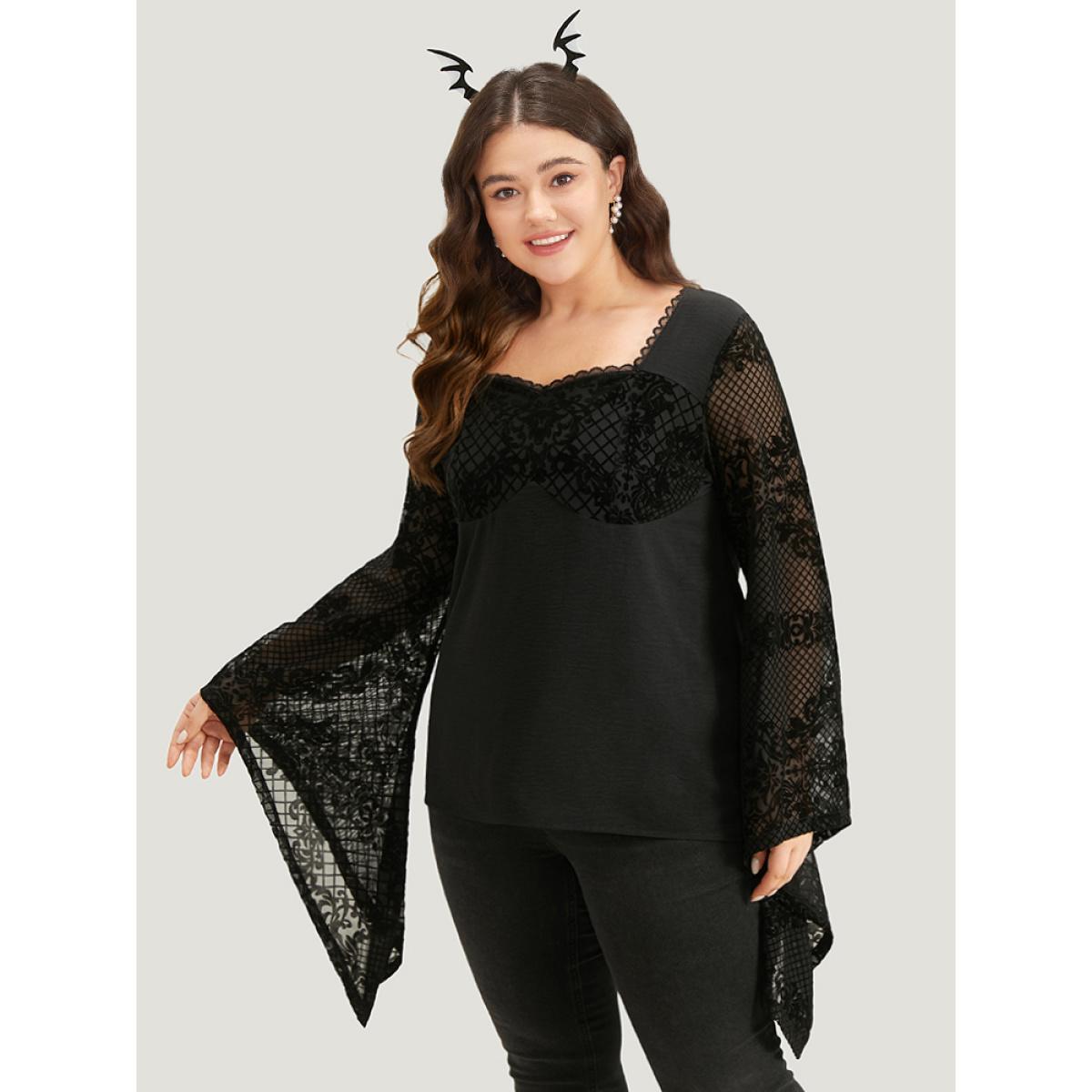 Plus Size Black Halloween Floral Eyelet Lace Mesh Bell Sleeve Blouse Women Elegant Long Sleeve Square Neck Festival-Halloween Blouses BloomChic 28/5X Product Image