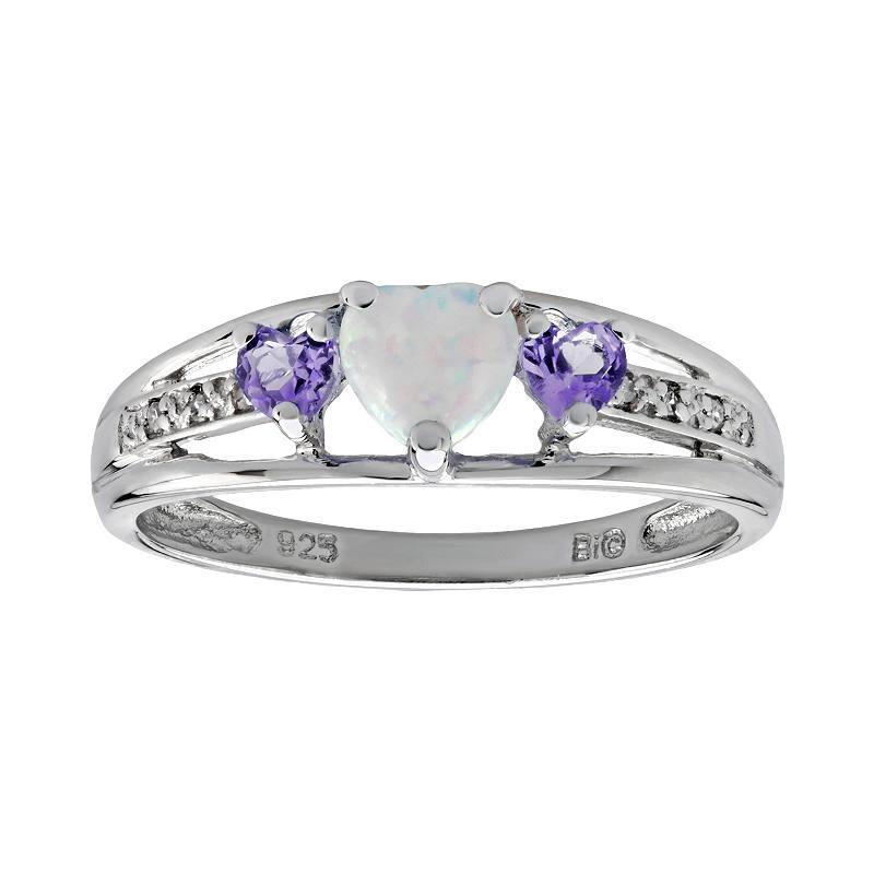 Gemminded Sterling Silver Lab-Created Opal, Amethyst and Diamond Accent Heart 3-Stone Ring, Women's, Size: 7, Purple Product Image
