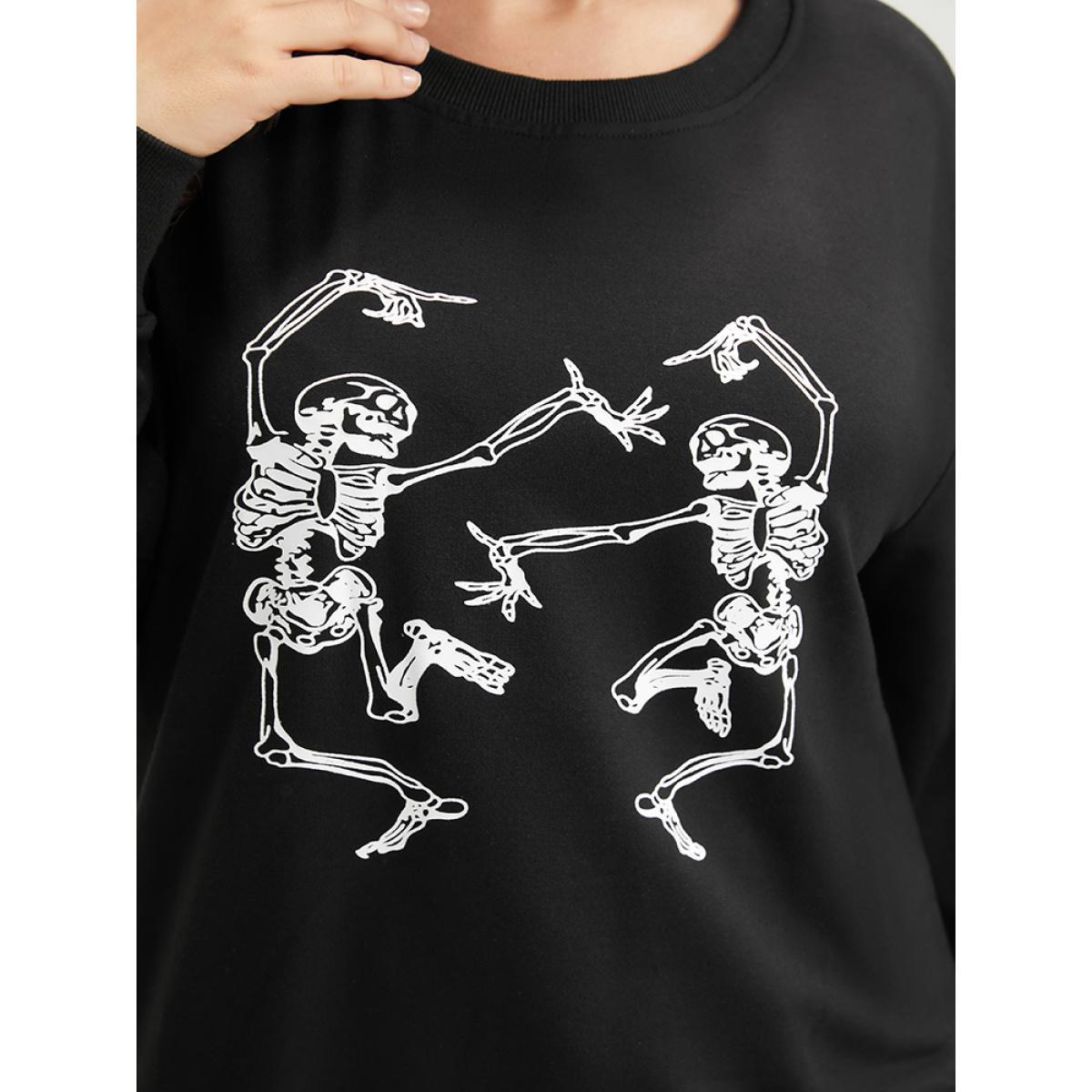 Plus Size Halloween Solid Skull Print Drop Shoulder Sweatshirt Women Black Casual Plain Loose Round Neck Dailywear Sweatshirts BloomChic 26/4X Product Image