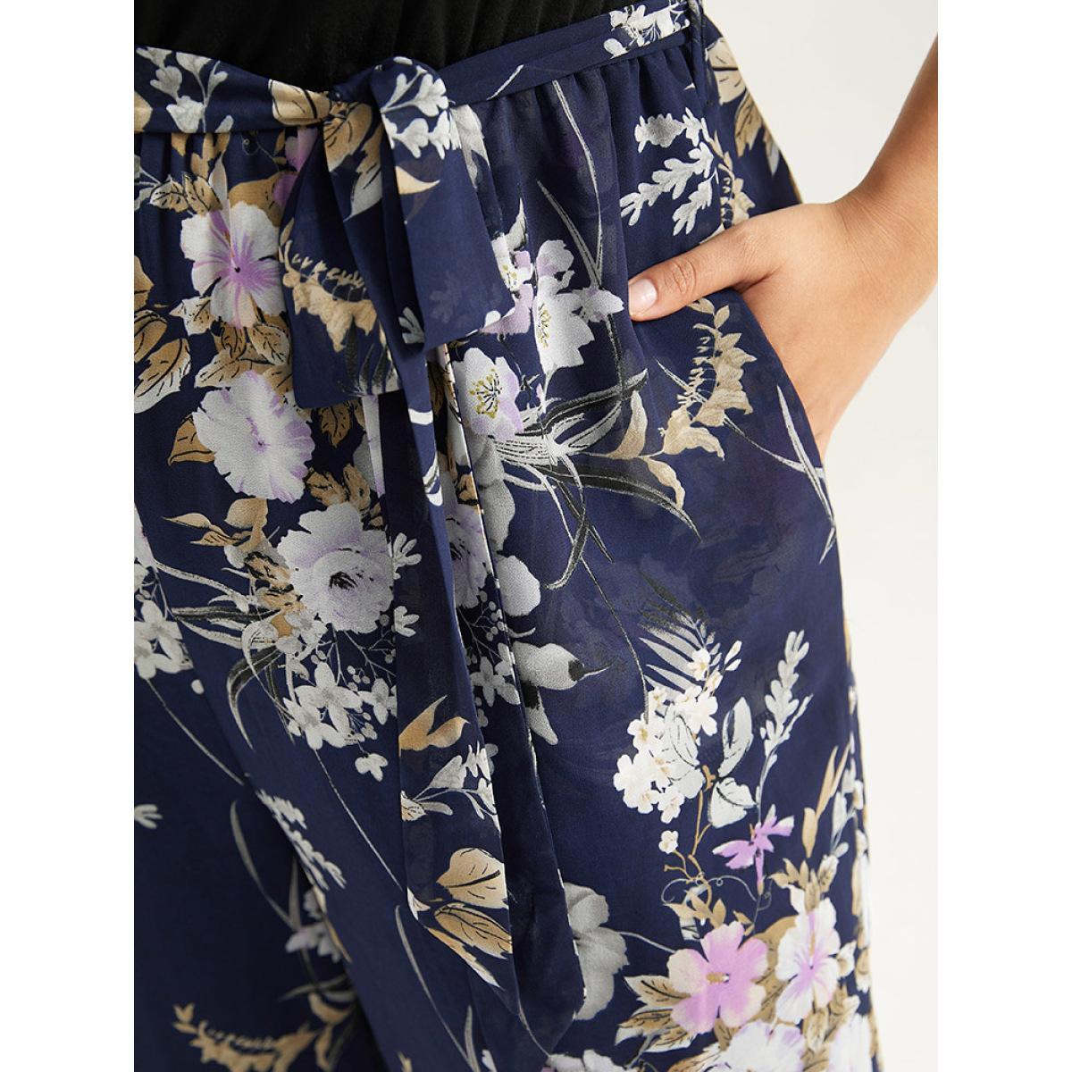 Plus Size Indigo Floral Patchwork Belted Jumpsuit Women Elegant Elbow-length sleeve Round Neck Everyday Loose Jumpsuits BloomChic 18-20/2X Product Image