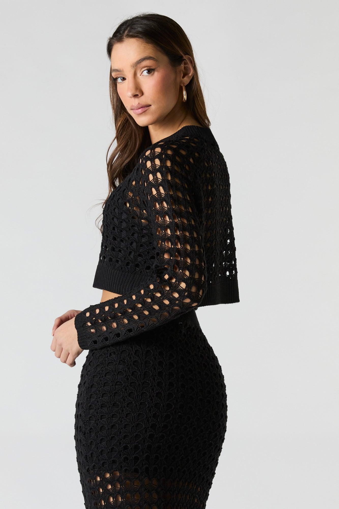 Open Knit Long Sleeve Crop Top Female Product Image