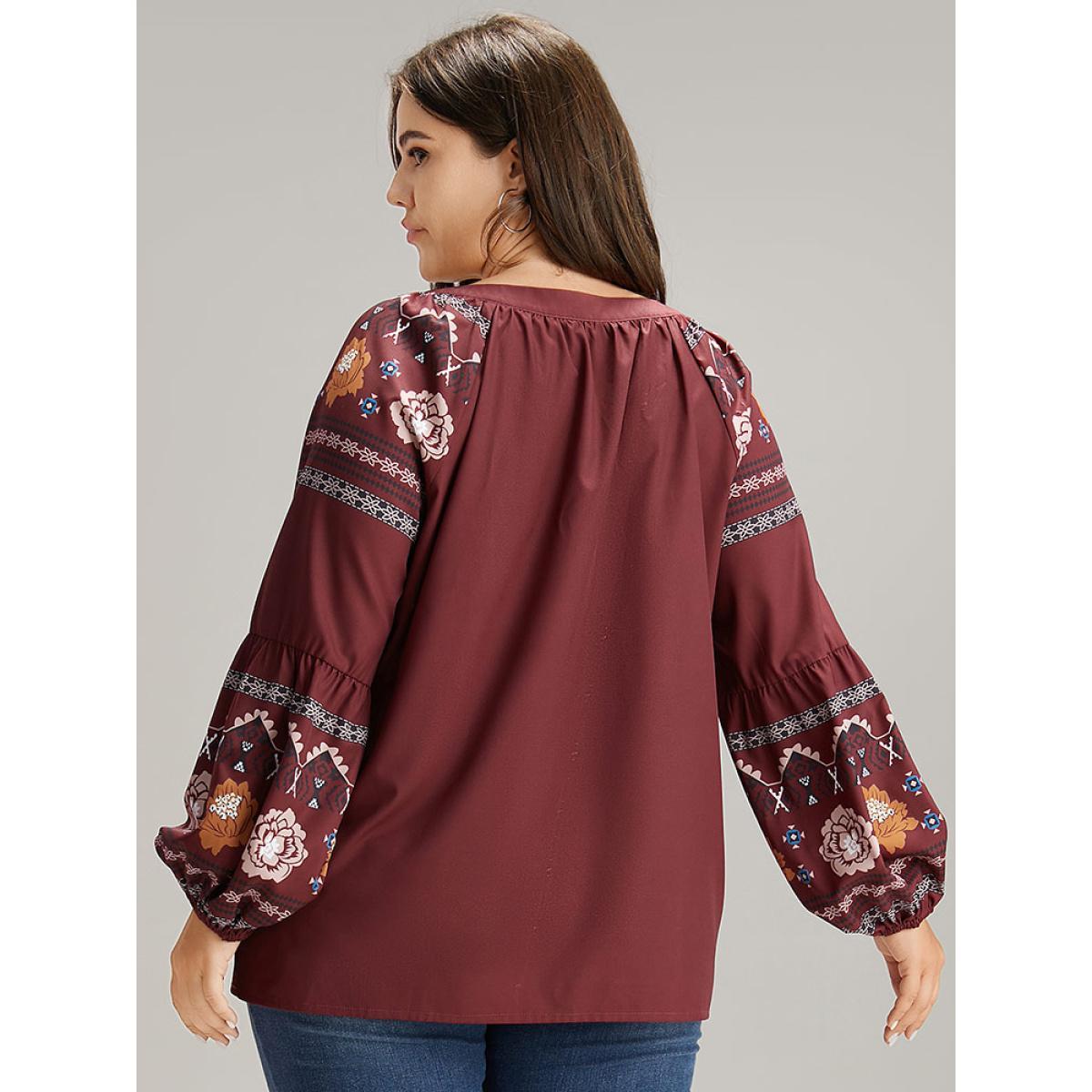 Plus Size Scarlet Boho Print Tie Neck Tassel Trim Blouse Women Vacation Long Sleeve Tie Neck Dailywear Blouses BloomChic 10/M Product Image