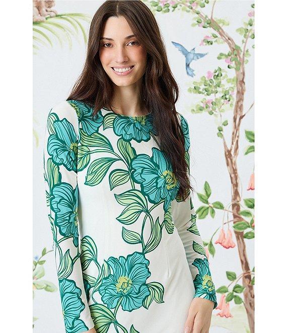 Maggy London Floral Print Stretch Matte Jersey Round Neck Long Sleeve Sheath Dress Product Image