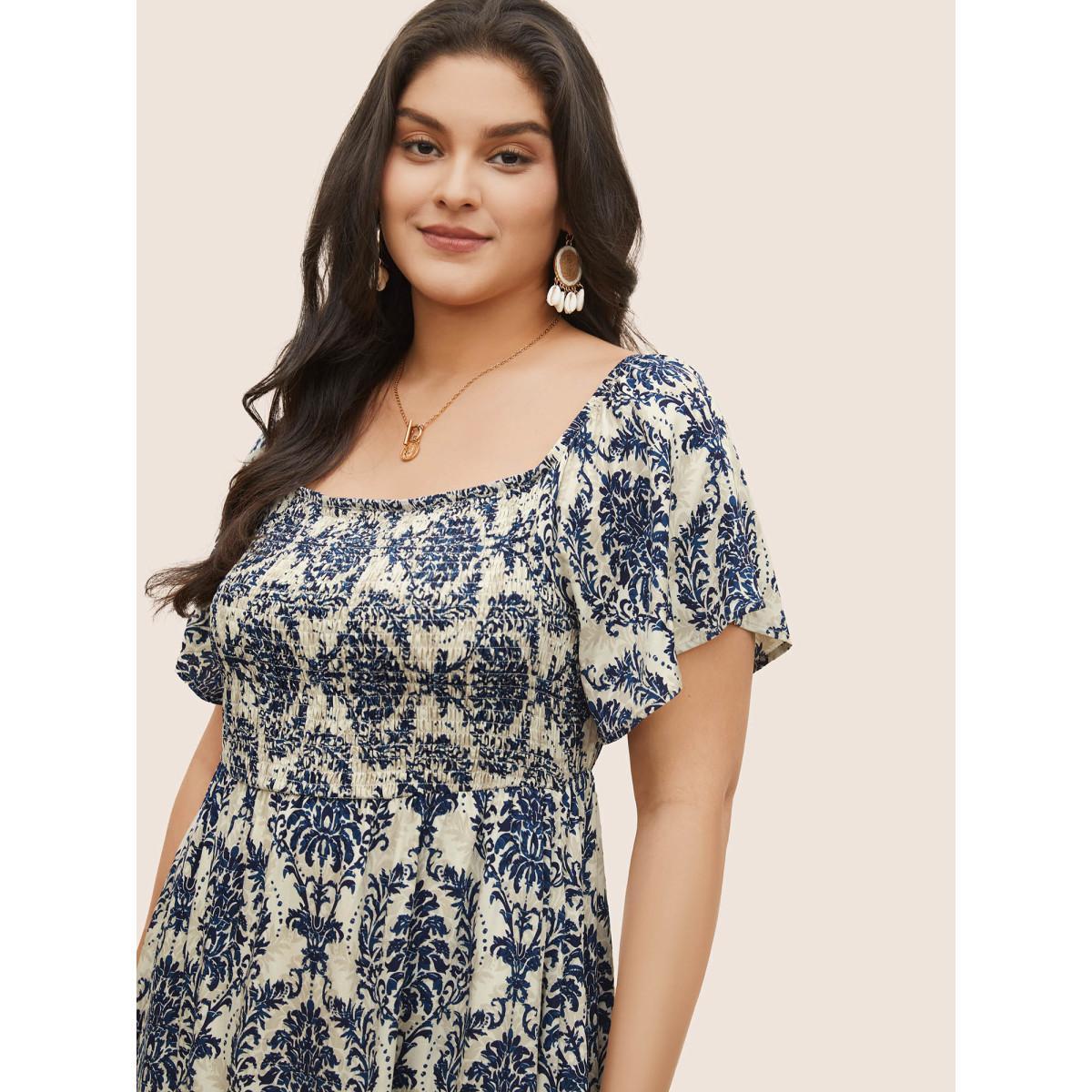 Plus Size Bandana Print Shirred Off Shoulder Dress DarkBlue Women Resort Non One-shoulder neck Short sleeve Curvy Midi Dress BloomChic 22-24/3X Product Image