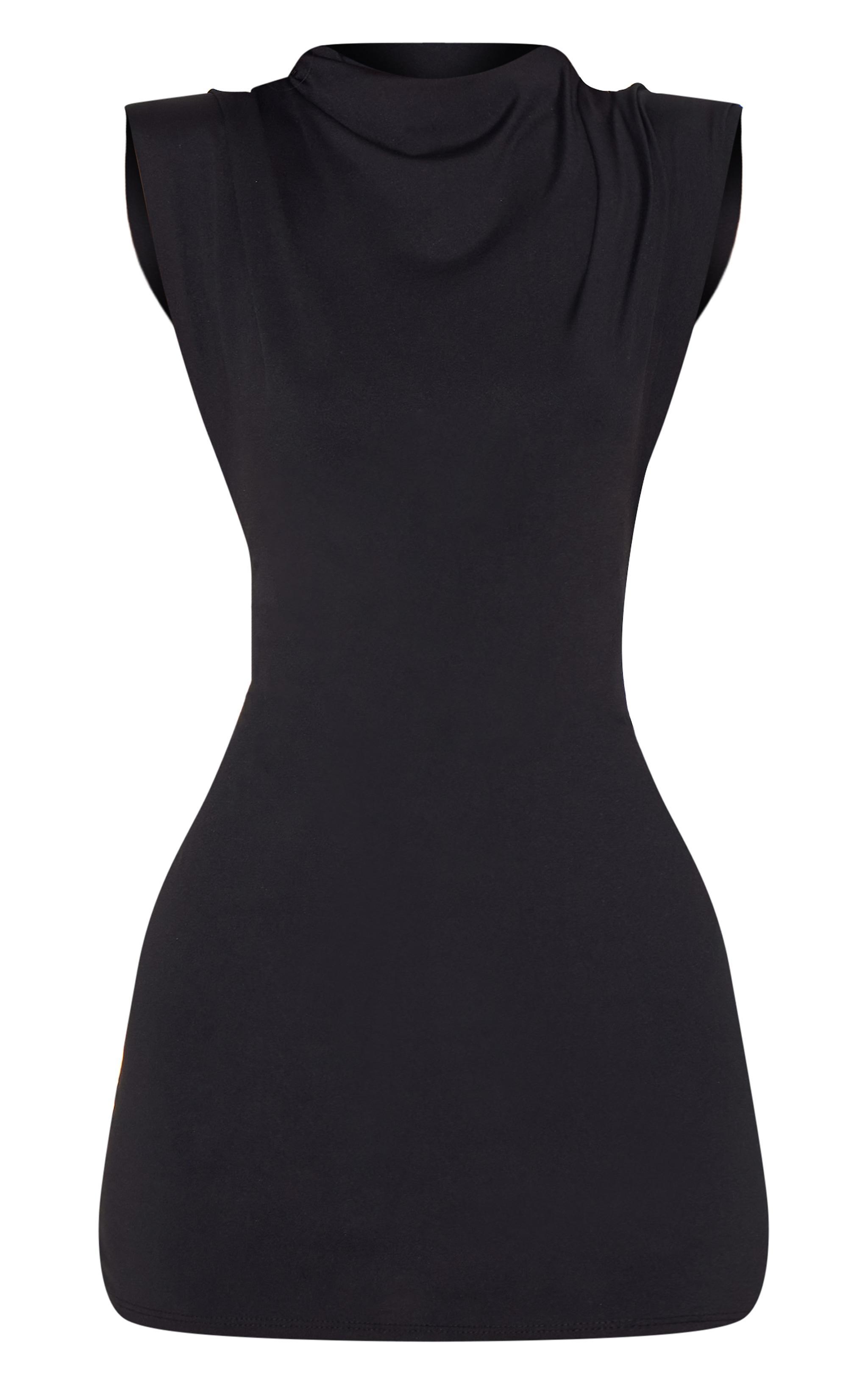 Black Shoulder Pad Boat Neck Bodycon Dress Product Image