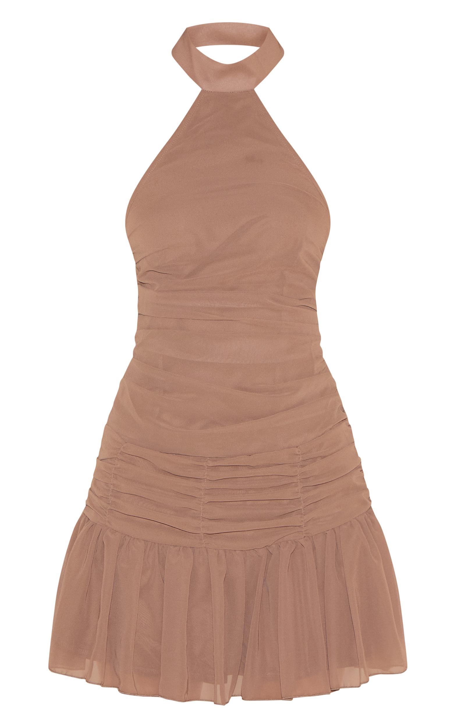 Mushroom Chiffon Halter Neck Mini Dress Product Image
