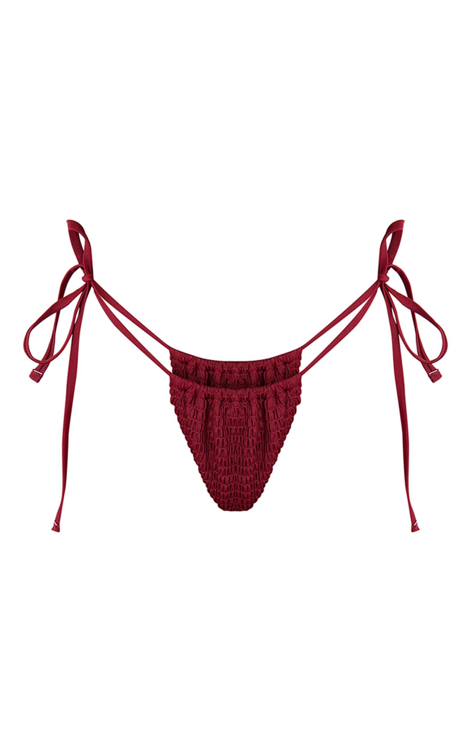 Burgundy Shirred Tie Side Bikini Bottoms Product Image
