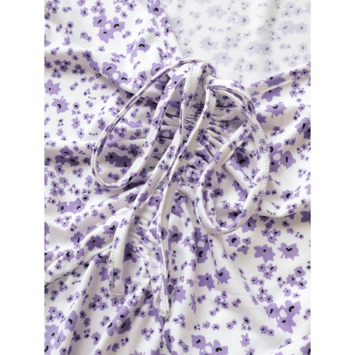 Plus Size Ditsy Floral Elastic Waist Knot Drawstring Dress Lilac Women Casual Non V-neck Short sleeve Curvy Midi Dress BloomChic 14-16/1X Product Image