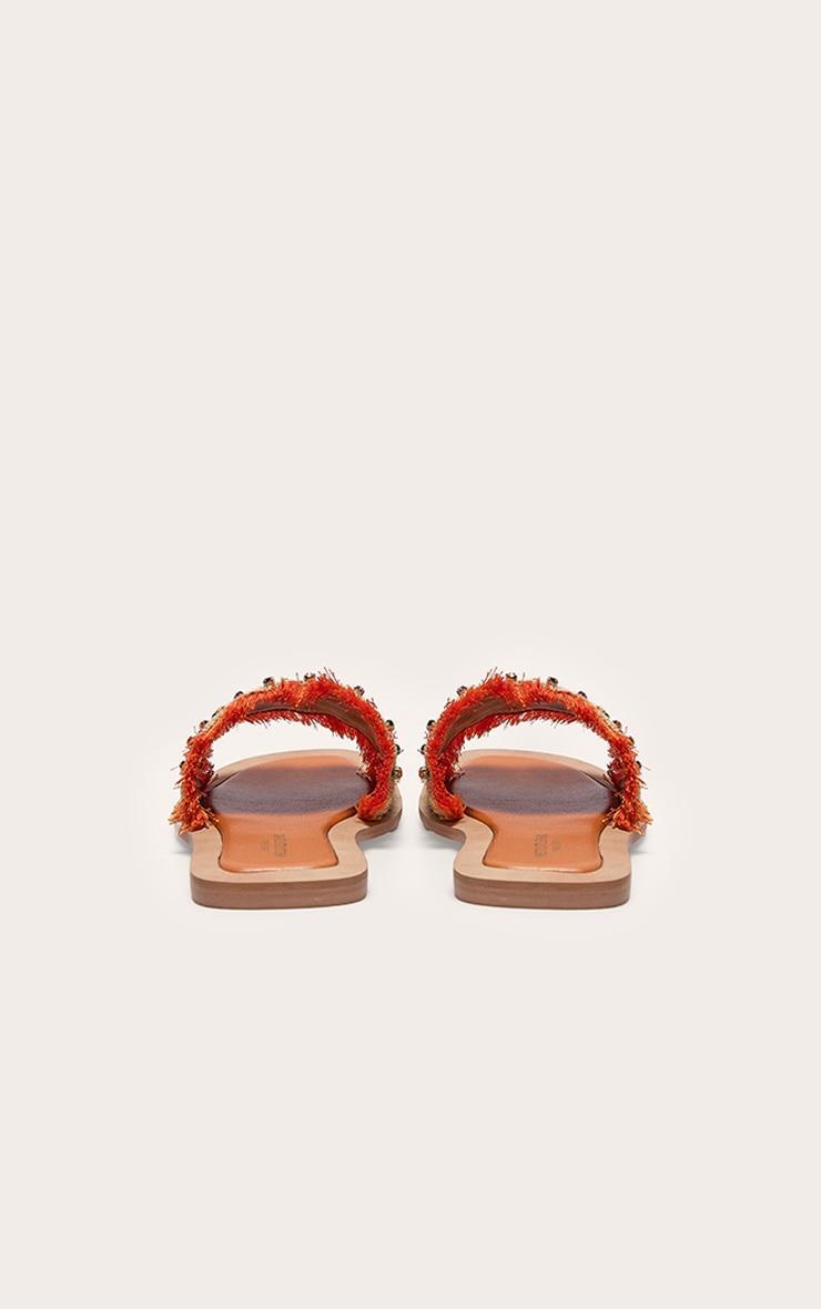 Orange Wide Fit Round Toe Raffia Fringed Diamante Woven Flat Mule Sandals Product Image