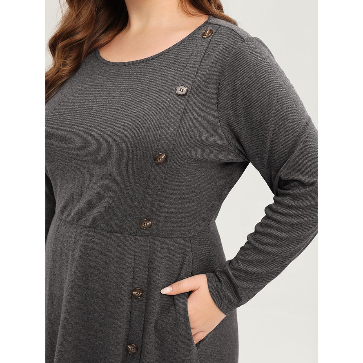 Plus Size Solid Round Neck Pocket Button Detail Ruffle Hem Dress Gray Women Elegant Button Round Neck Long Sleeve Curvy Midi Dress BloomChic 30/6X Product Image