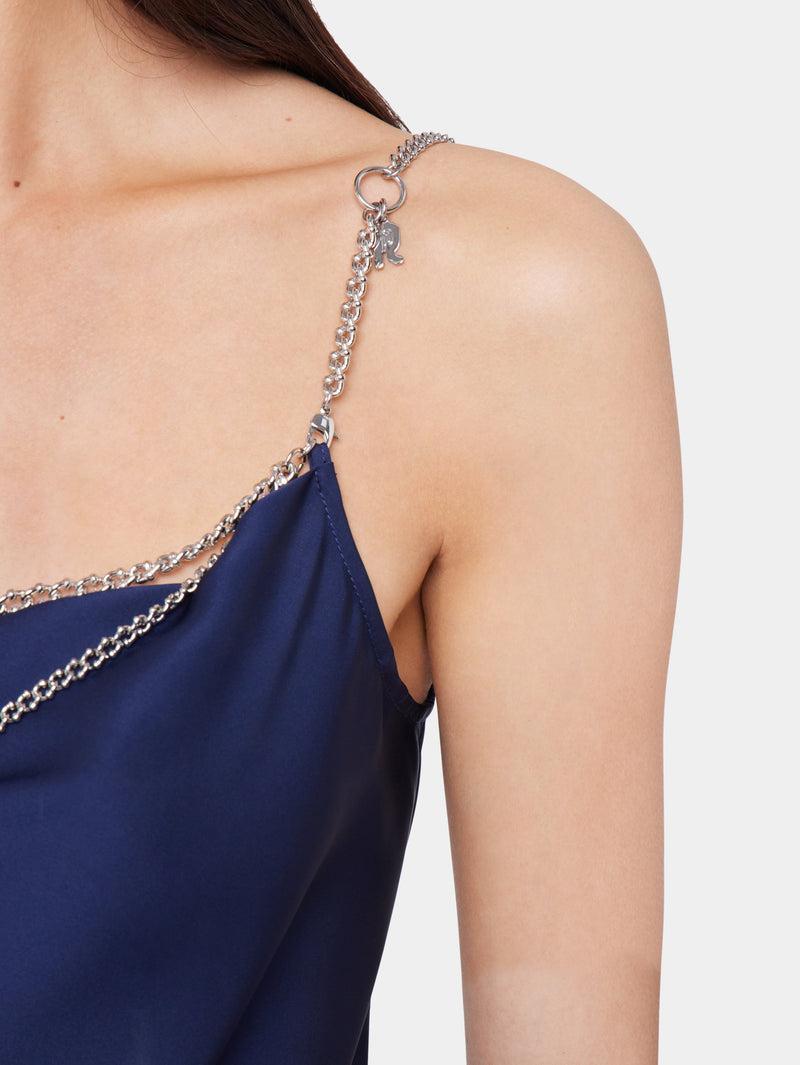 BLUE NAVY LONG SLEEVELESS DRESS IN SATIN Product Image