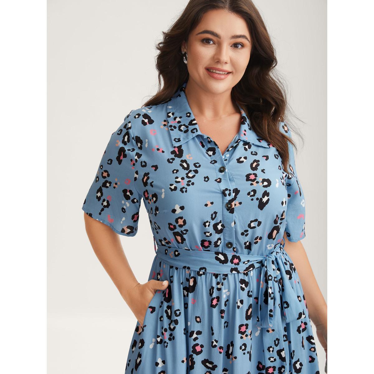 Plus Size Floral Print Collar Belted Midi Dress Stone Women Shirt collar Short sleeve Curvy BloomChic 22-24/3X Product Image