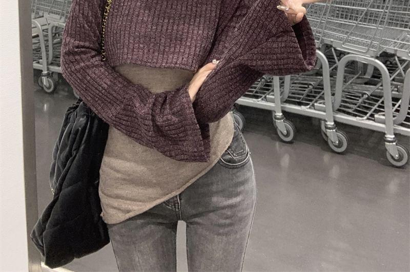 Set: Halter Neck Plain Cami Top + Scoop Neck Plain Crop Sweater Product Image