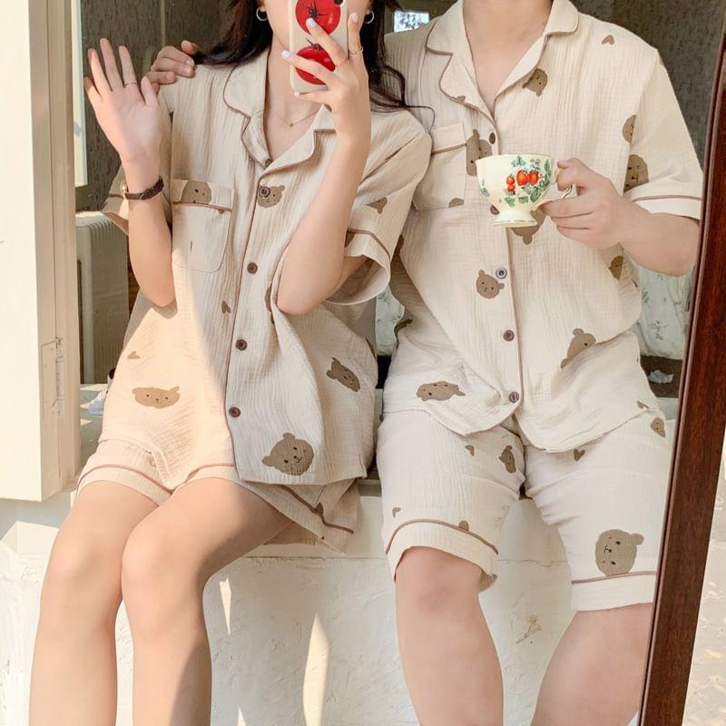 Couple Matching Pajama Set: Short-Sleeve Bear Print Shirt + Shorts Product Image