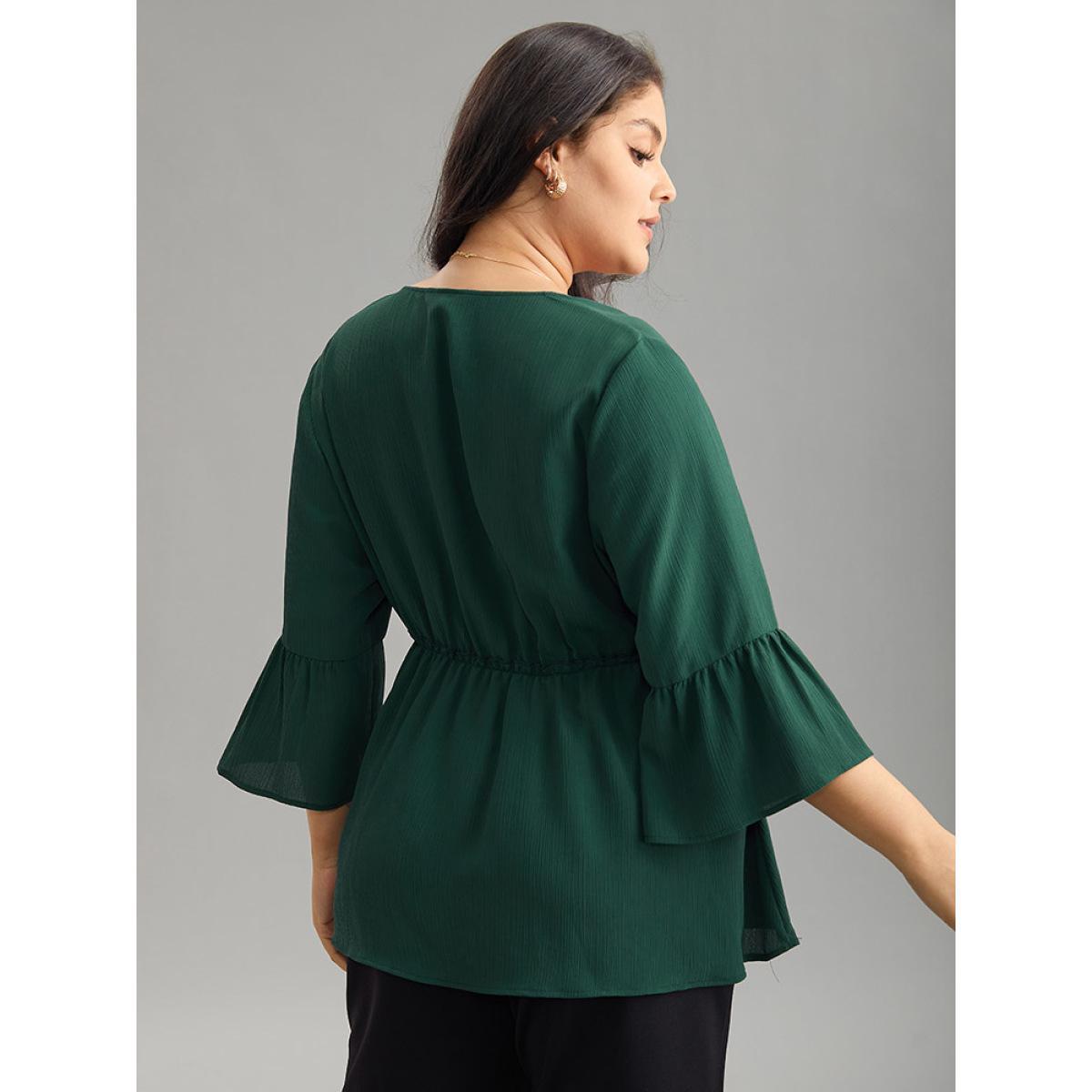 Plus Size DarkGreen Plisse Button Detail Elastic Waist Blouse Women Work From Home Elbow-length sleeve V-neck Work Blouses BloomChic 18-20/2X Product Image